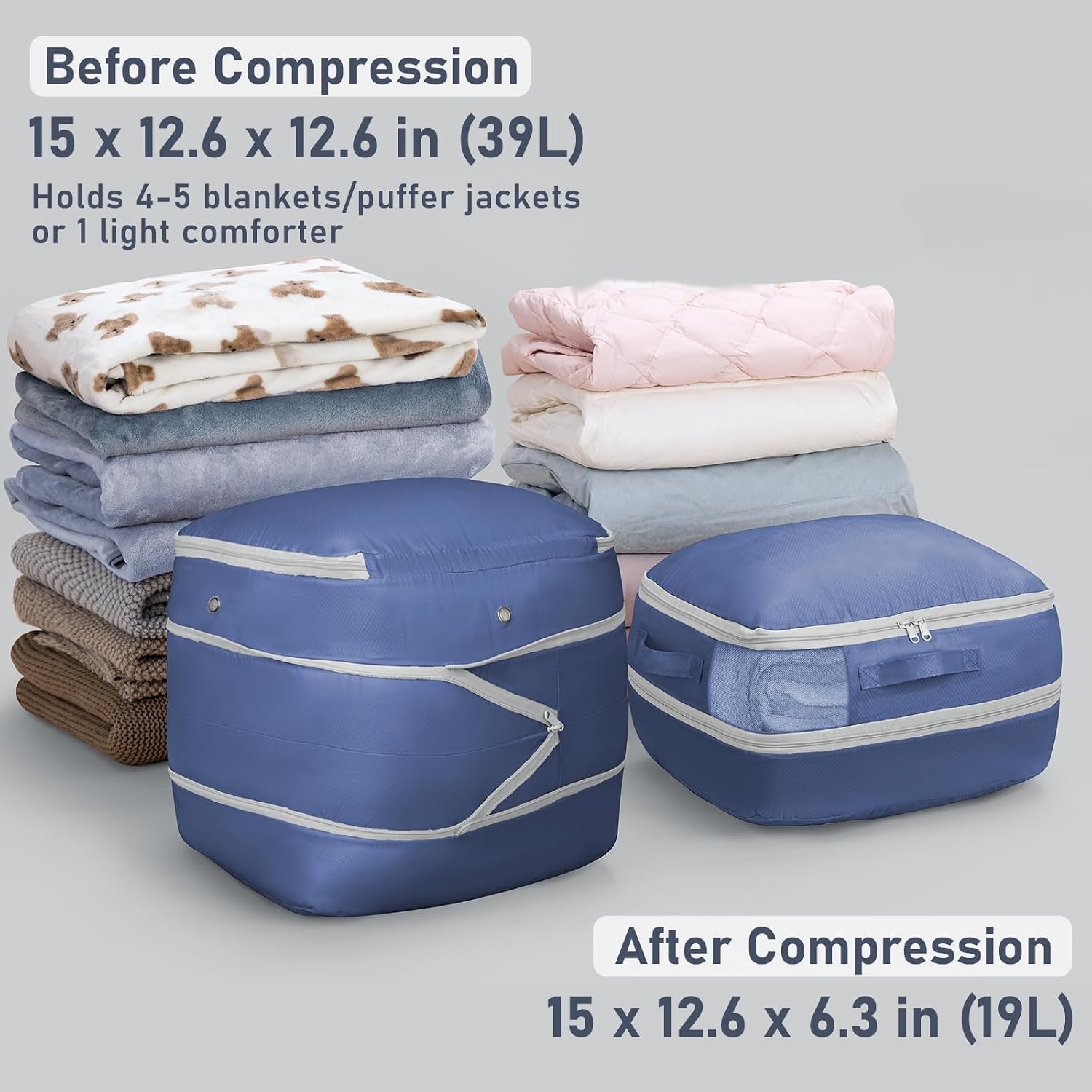 image:imageDIMJ Compression Storage Bags 8 Pack Blanket Storage Bags with Window Zipper Ultra Space Saving Self Compression Organizer for Puffer Jacket Bedding Lightweight Comforter Duvet Sweater SheetNavy Blue