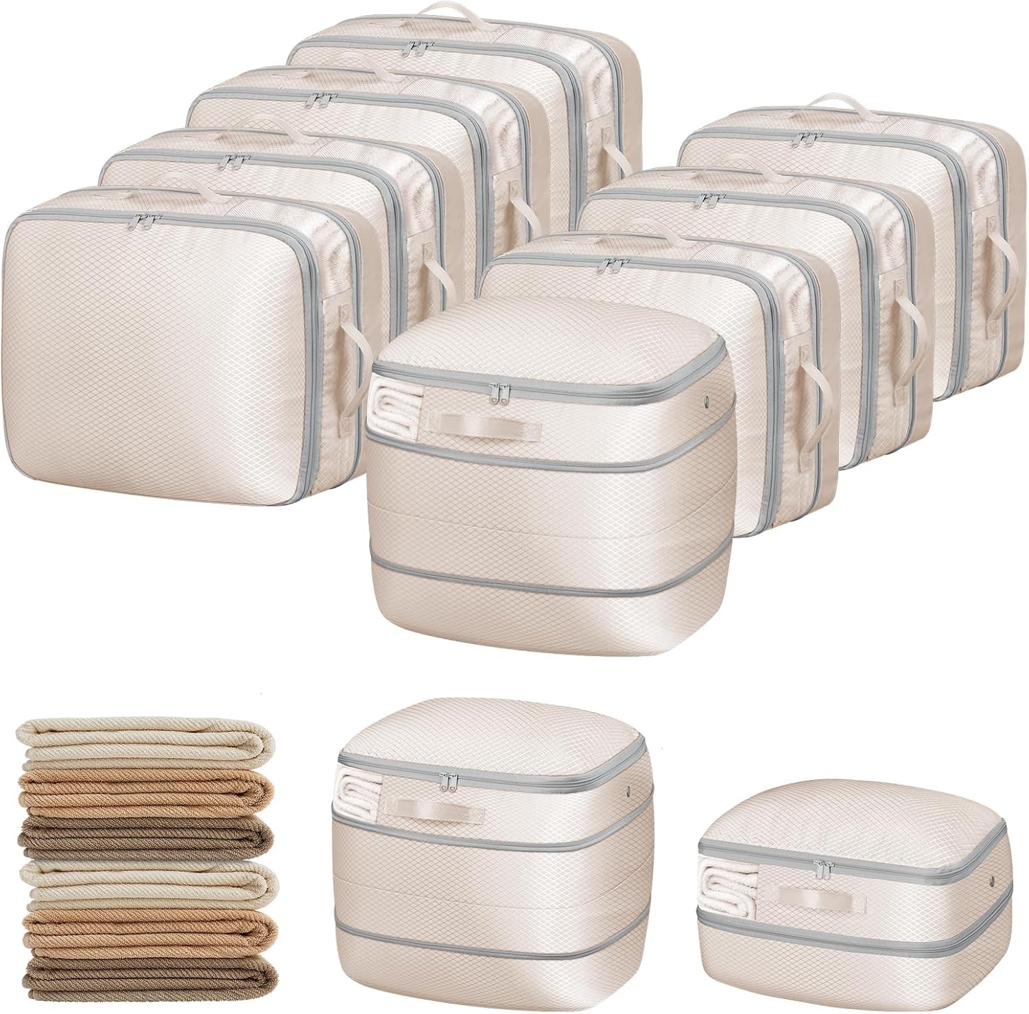 image:imageDIMJ Compression Storage Bags 8 Pack Blanket Storage Bags with Window Zipper Ultra Space Saving Self Compression Organizer for Puffer Jacket Bedding Lightweight Comforter Duvet Sweater SheetBeige