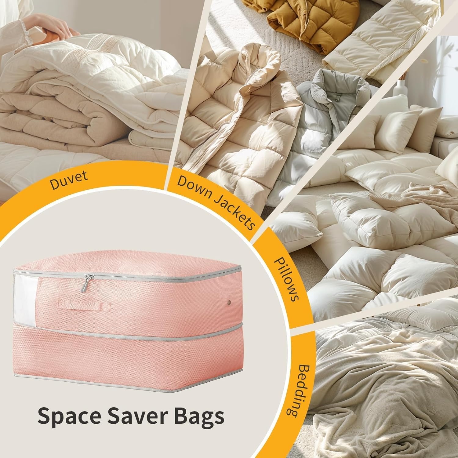 image:imageDIMJ Compression Storage Bags 8 Pack Blanket Storage Bags with Window Zipper Ultra Space Saving Self Compression Organizer for Puffer Jacket Bedding Lightweight Comforter Duvet Sweater SheetPink