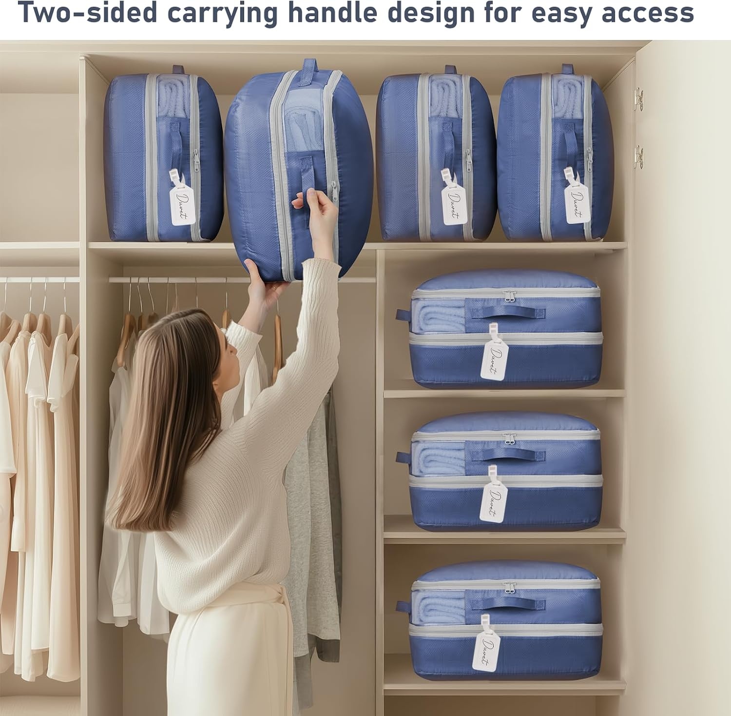 image:imageDIMJ Compression Storage Bags 8 Pack Blanket Storage Bags with Window Zipper Ultra Space Saving Self Compression Organizer for Puffer Jacket Bedding Lightweight Comforter Duvet Sweater SheetNavy Blue