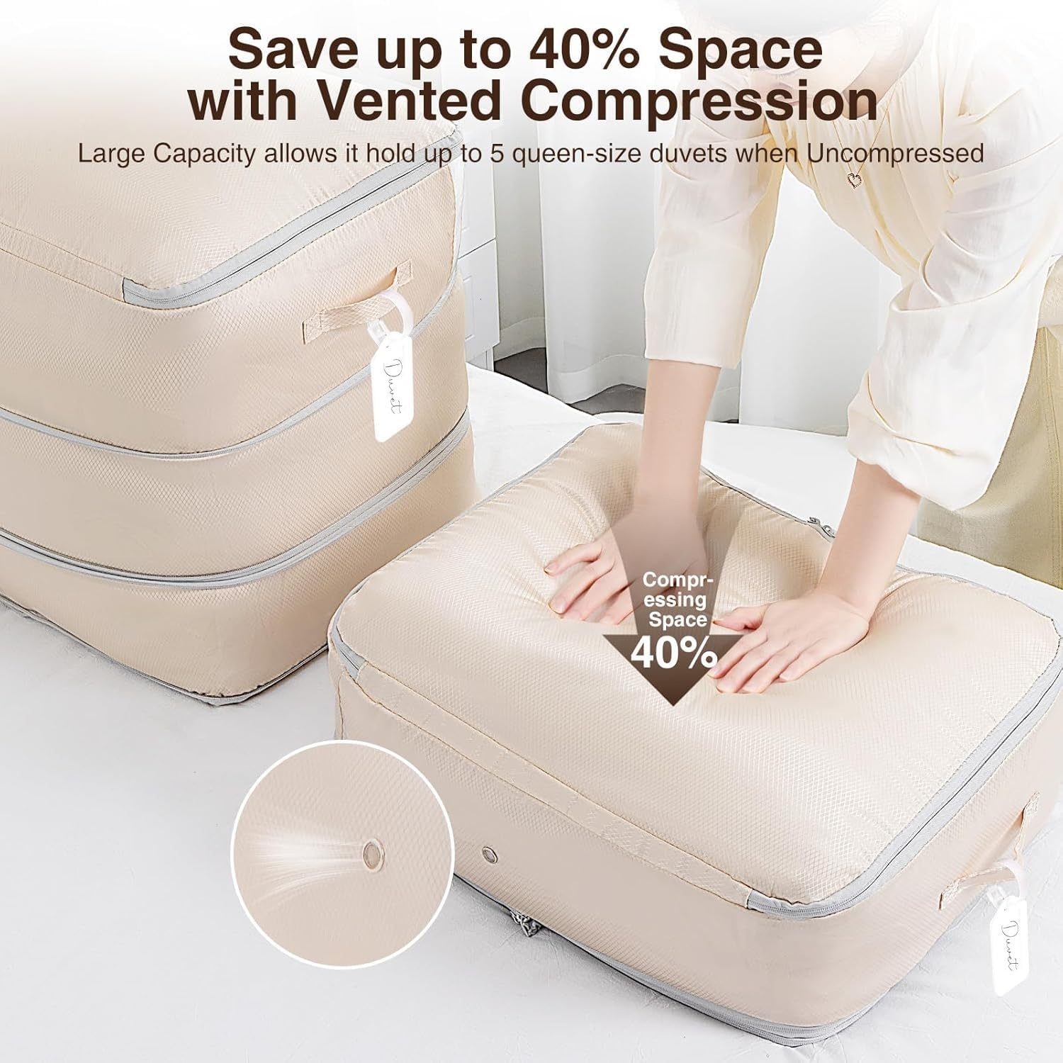 image:imageDIMJ Compression Storage Bags 8 Pack Blanket Storage Bags with Window Zipper Ultra Space Saving Self Compression Organizer for Puffer Jacket Bedding Lightweight Comforter Duvet Sweater SheetBeige