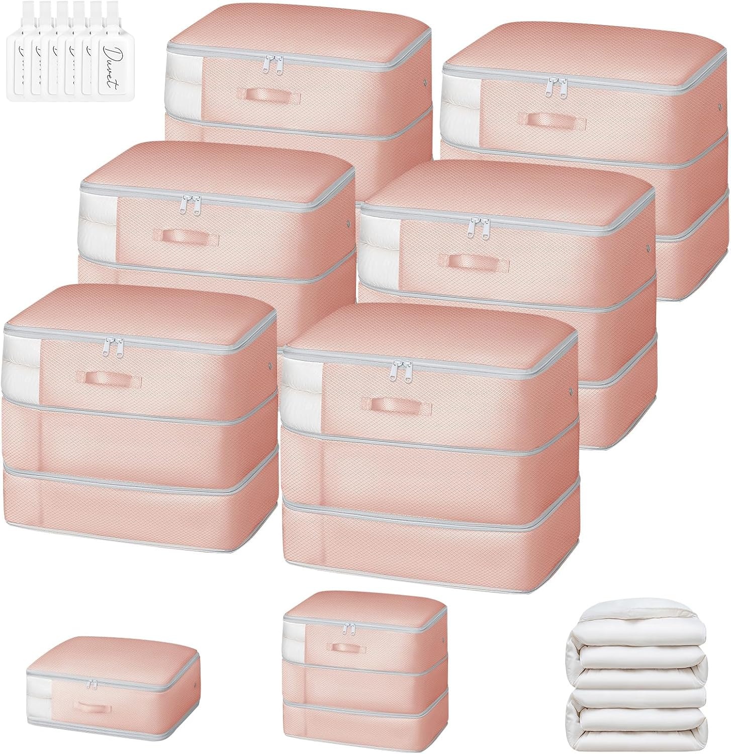 image:imageDIMJ Compression Storage Bags 8 Pack Blanket Storage Bags with Window Zipper Ultra Space Saving Self Compression Organizer for Puffer Jacket Bedding Lightweight Comforter Duvet Sweater SheetPink