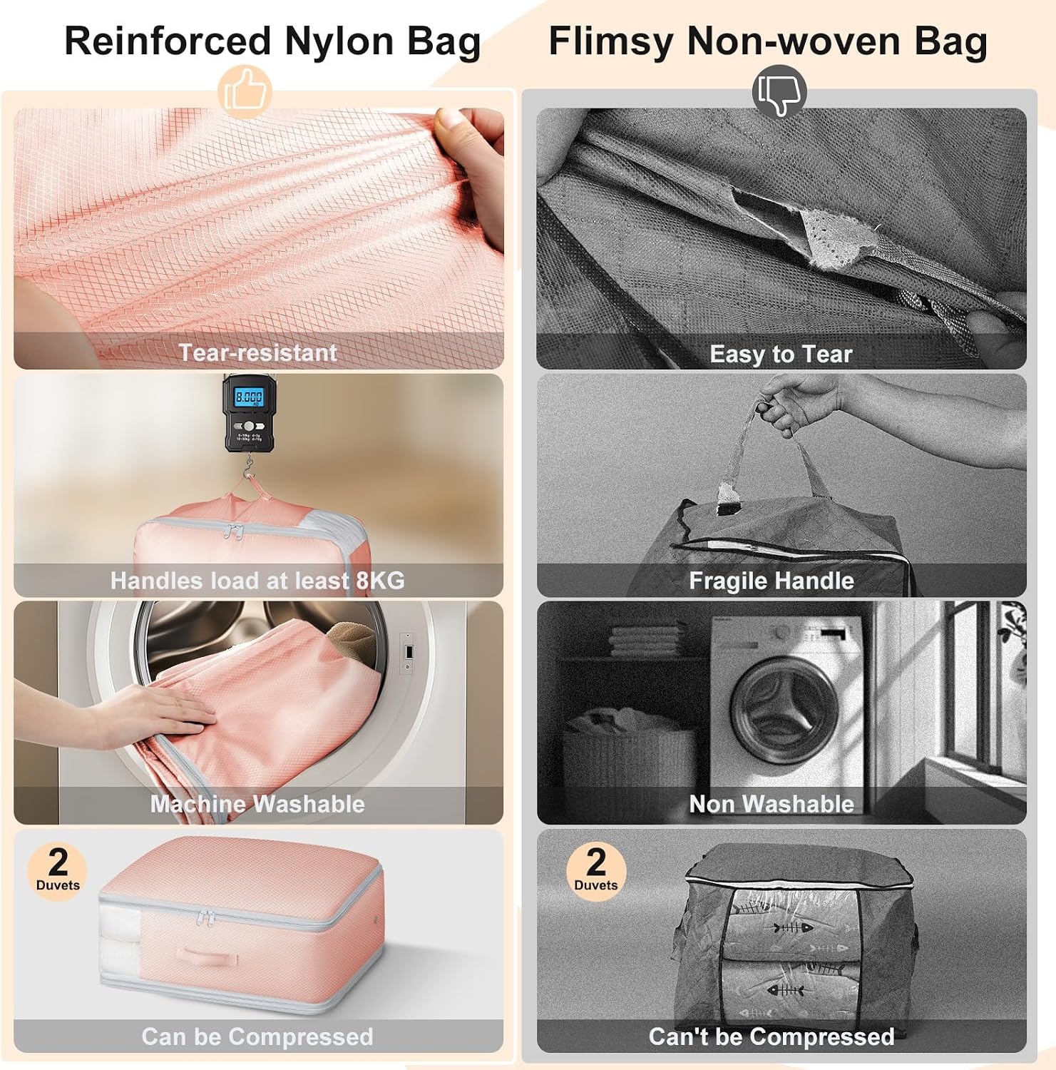 image:imageDIMJ Compression Storage Bags 8 Pack Blanket Storage Bags with Window Zipper Ultra Space Saving Self Compression Organizer for Puffer Jacket Bedding Lightweight Comforter Duvet Sweater SheetPink