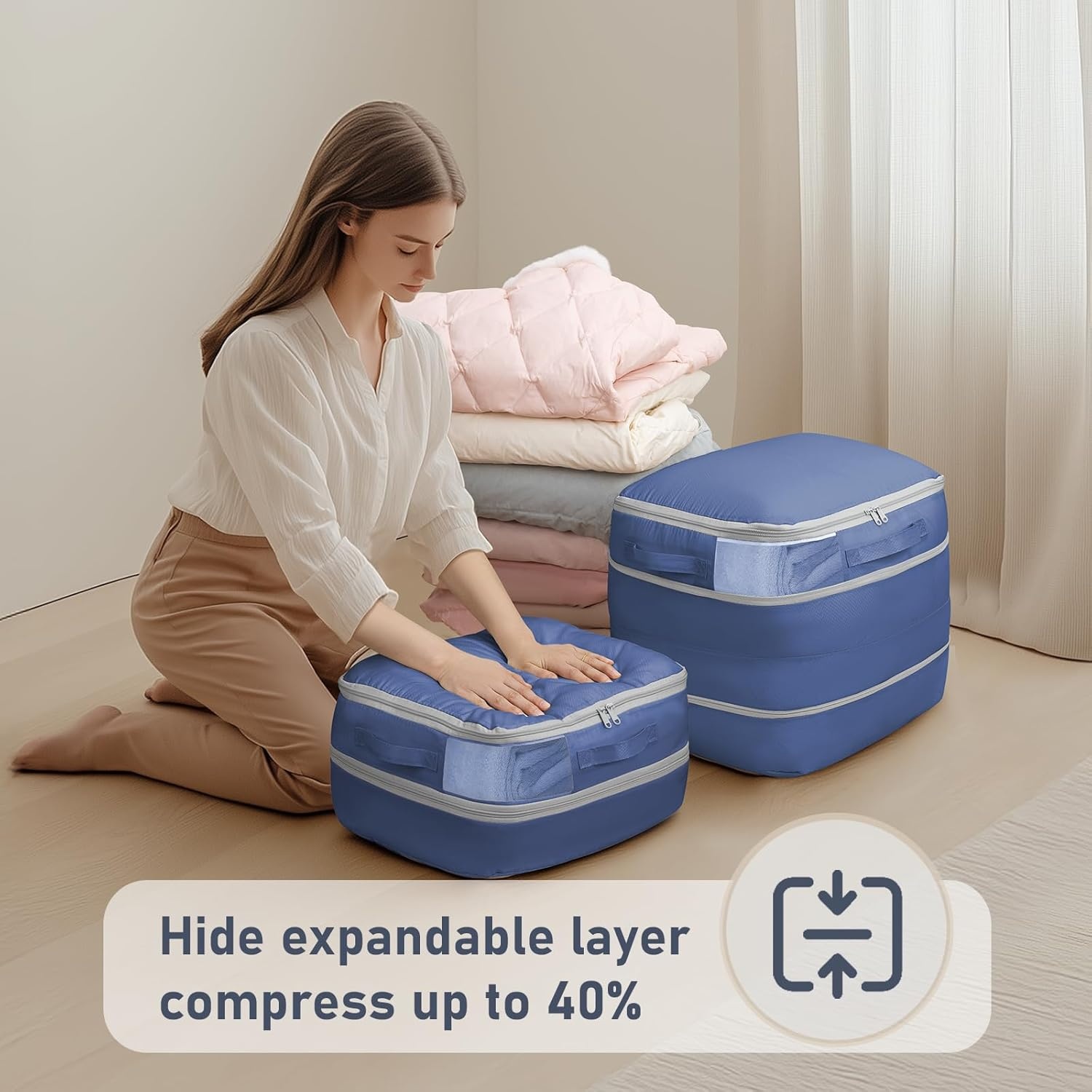 image:imageDIMJ Compression Storage Bags 8 Pack Blanket Storage Bags with Window Zipper Ultra Space Saving Self Compression Organizer for Puffer Jacket Bedding Lightweight Comforter Duvet Sweater SheetNavy Blue