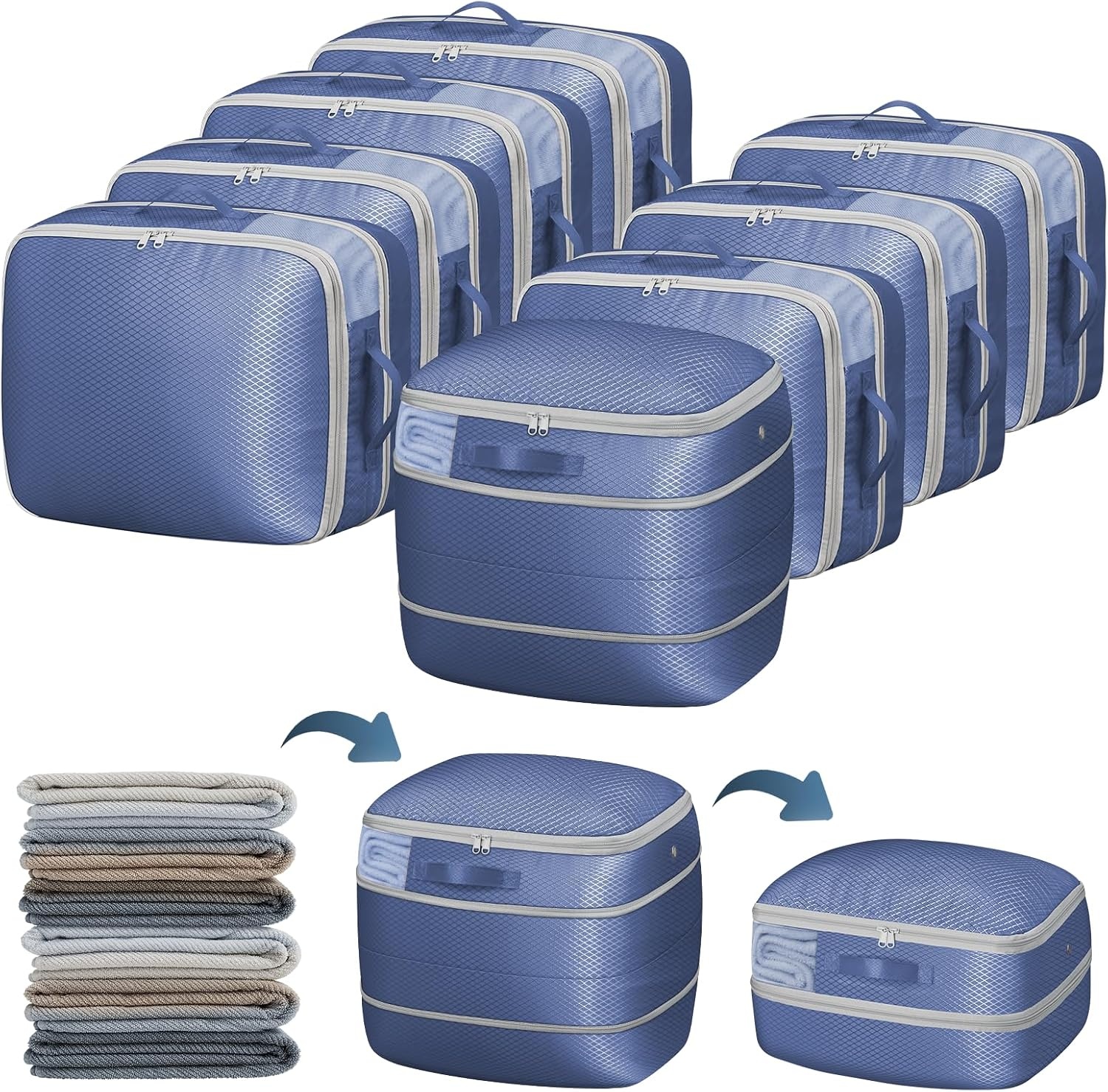 image:imageDIMJ Compression Storage Bags 8 Pack Blanket Storage Bags with Window Zipper Ultra Space Saving Self Compression Organizer for Puffer Jacket Bedding Lightweight Comforter Duvet Sweater SheetNavy Blue