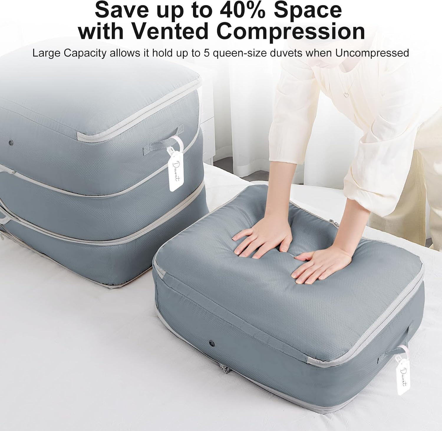 image:imageDIMJ Compression Storage Bags 8 Pack Blanket Storage Bags with Window Zipper Ultra Space Saving Self Compression Organizer for Puffer Jacket Bedding Lightweight Comforter Duvet Sweater SheetGray
