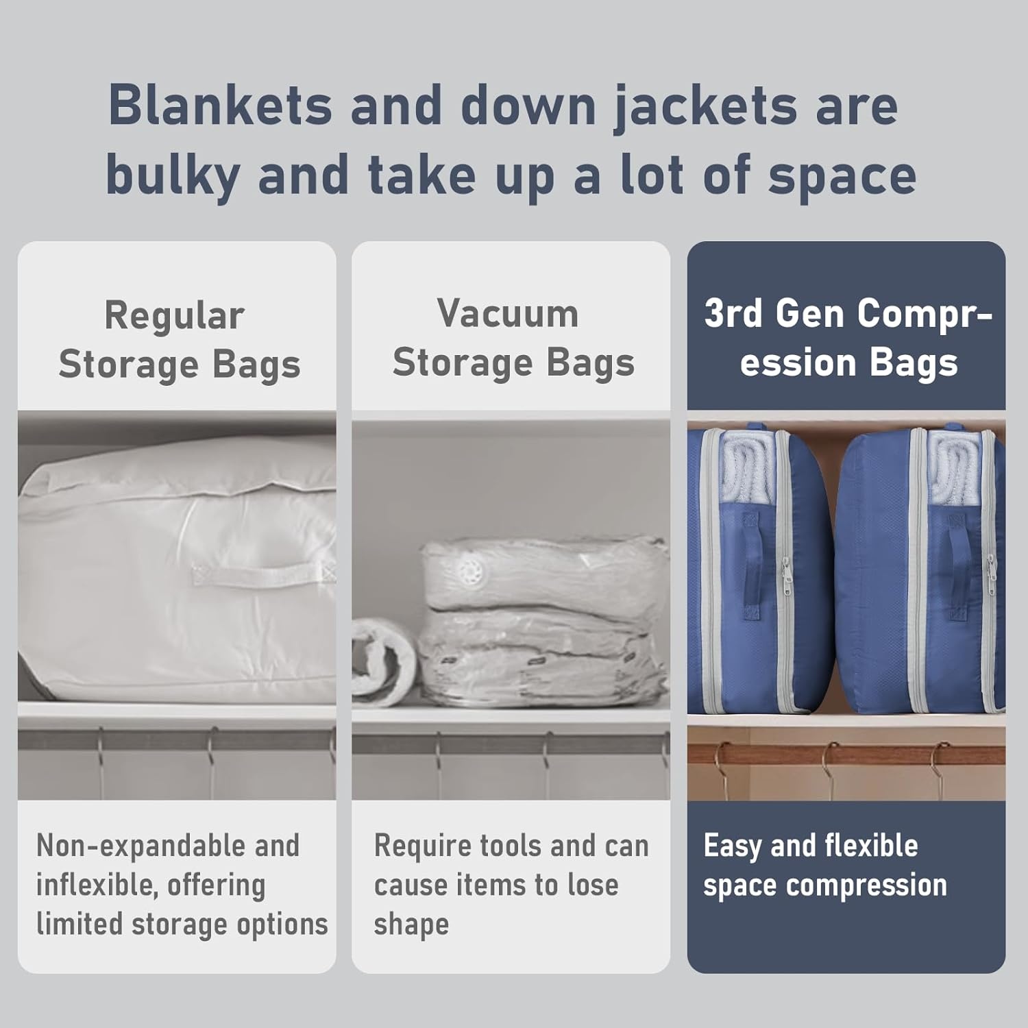 image:imageDIMJ Compression Storage Bags 8 Pack Blanket Storage Bags with Window Zipper Ultra Space Saving Self Compression Organizer for Puffer Jacket Bedding Lightweight Comforter Duvet Sweater SheetNavy Blue