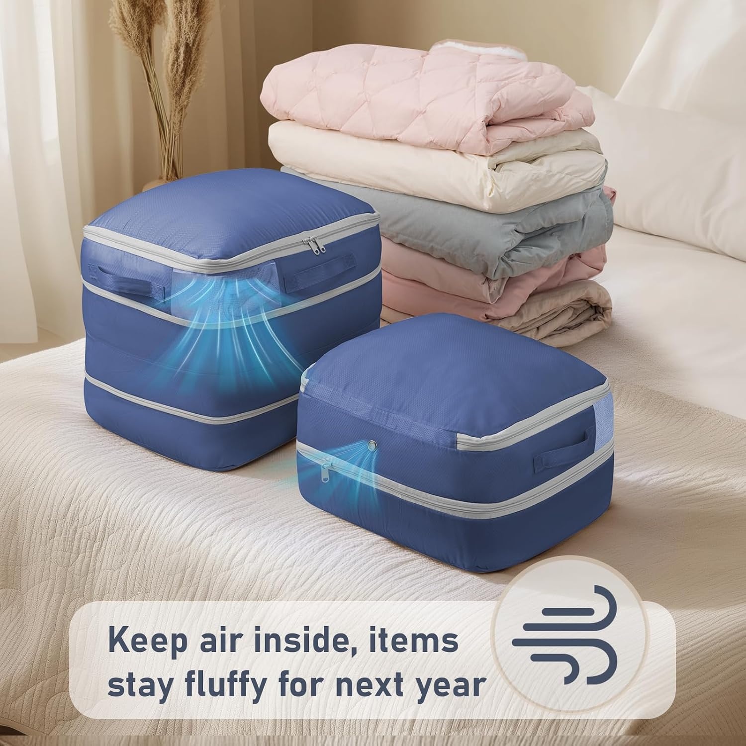 image:imageDIMJ Compression Storage Bags 8 Pack Blanket Storage Bags with Window Zipper Ultra Space Saving Self Compression Organizer for Puffer Jacket Bedding Lightweight Comforter Duvet Sweater SheetNavy Blue