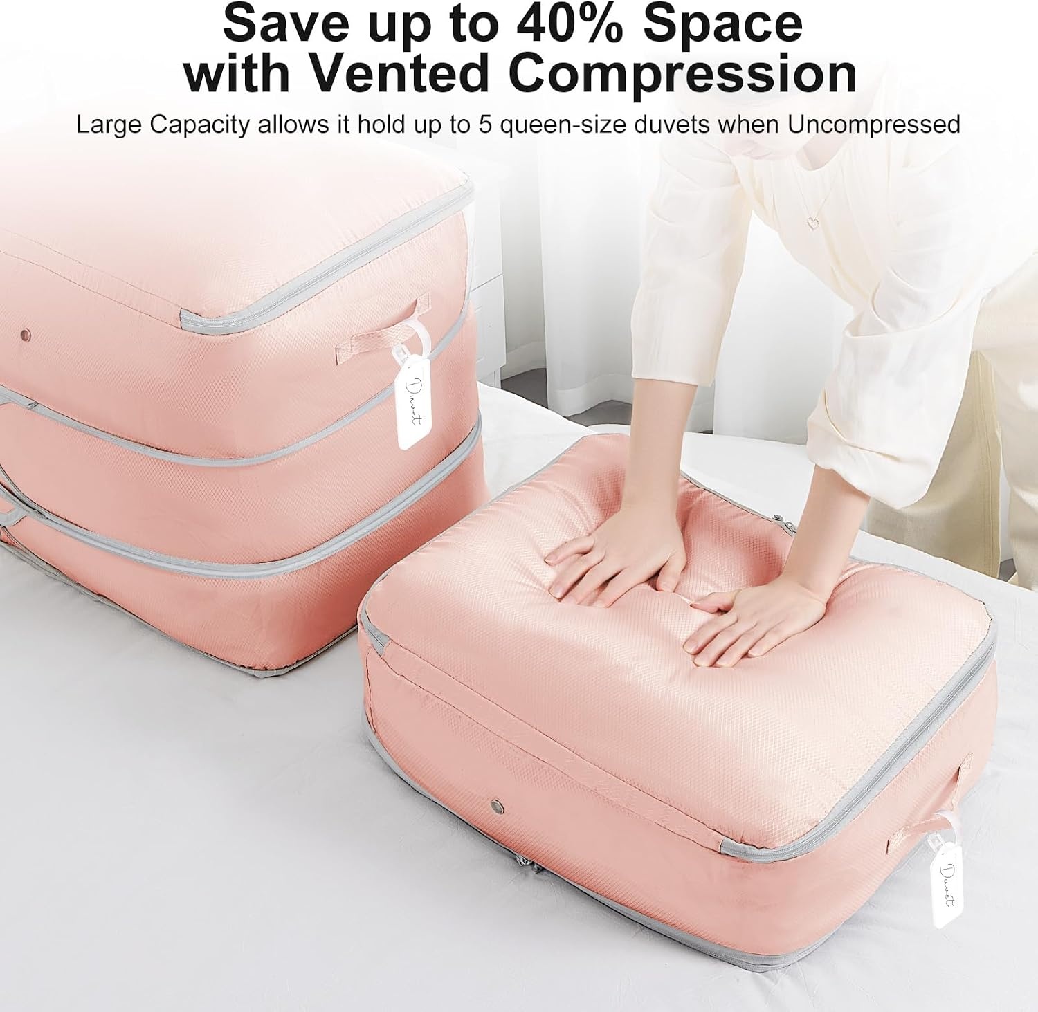 image:imageDIMJ Compression Storage Bags 8 Pack Blanket Storage Bags with Window Zipper Ultra Space Saving Self Compression Organizer for Puffer Jacket Bedding Lightweight Comforter Duvet Sweater SheetPink