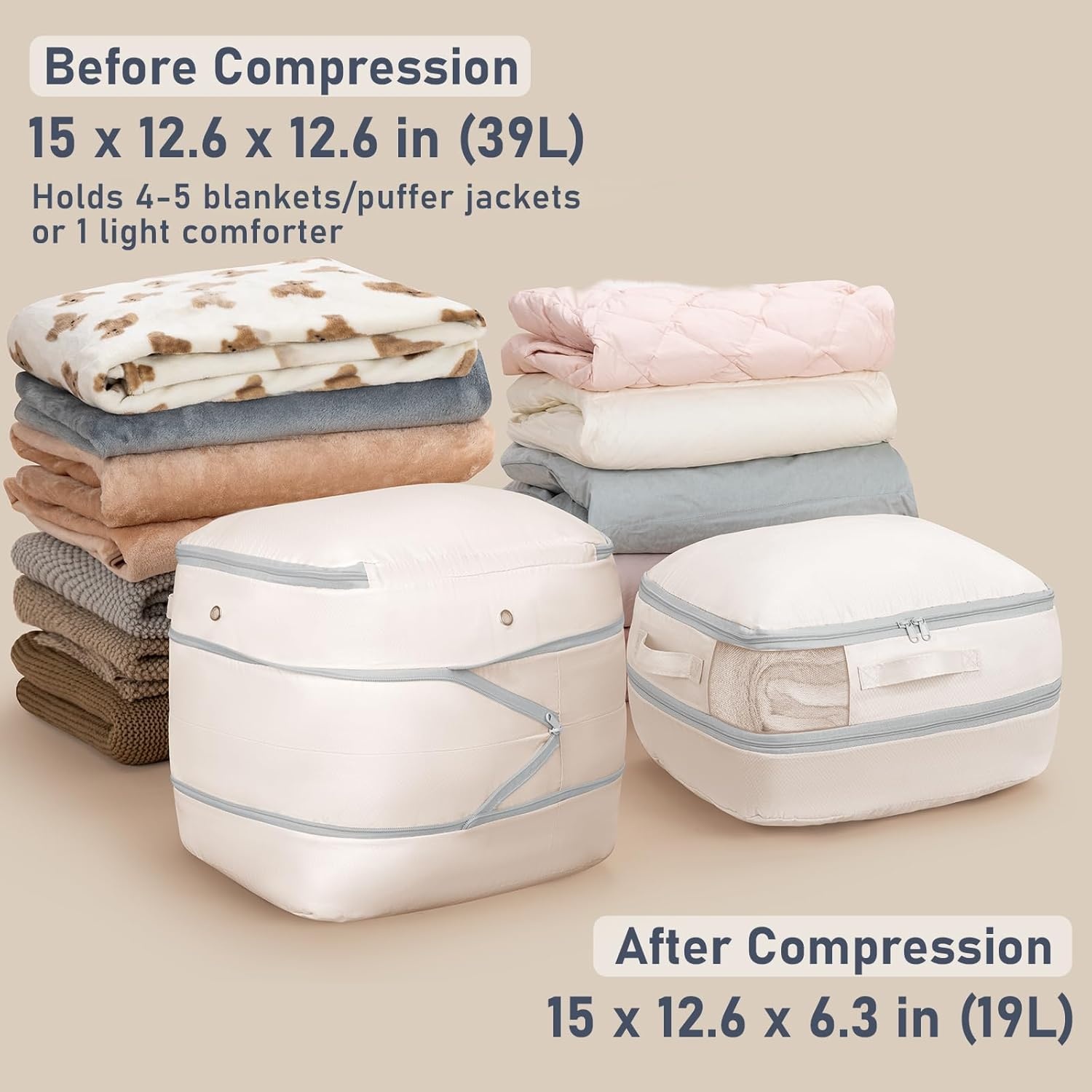 image:imageDIMJ Compression Storage Bags 8 Pack Blanket Storage Bags with Window Zipper Ultra Space Saving Self Compression Organizer for Puffer Jacket Bedding Lightweight Comforter Duvet Sweater SheetBeige