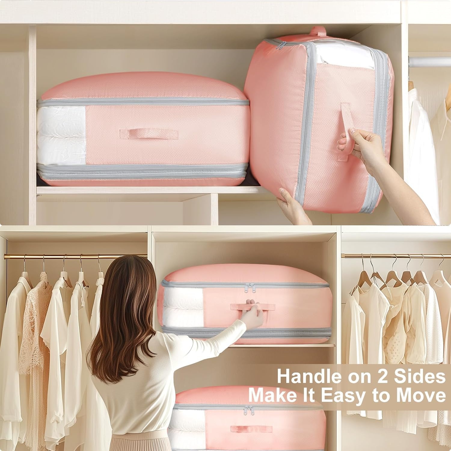 image:imageDIMJ Compression Storage Bags 8 Pack Blanket Storage Bags with Window Zipper Ultra Space Saving Self Compression Organizer for Puffer Jacket Bedding Lightweight Comforter Duvet Sweater SheetPink