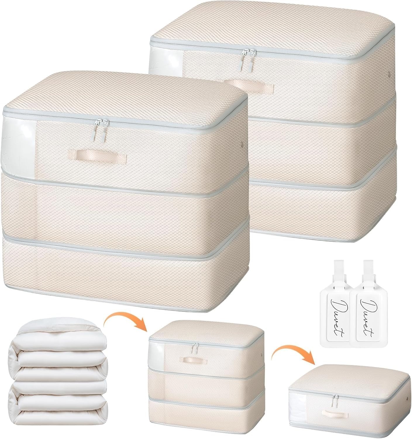 image:imageDIMJ Compression Storage Bags 8 Pack Blanket Storage Bags with Window Zipper Ultra Space Saving Self Compression Organizer for Puffer Jacket Bedding Lightweight Comforter Duvet Sweater SheetBeige