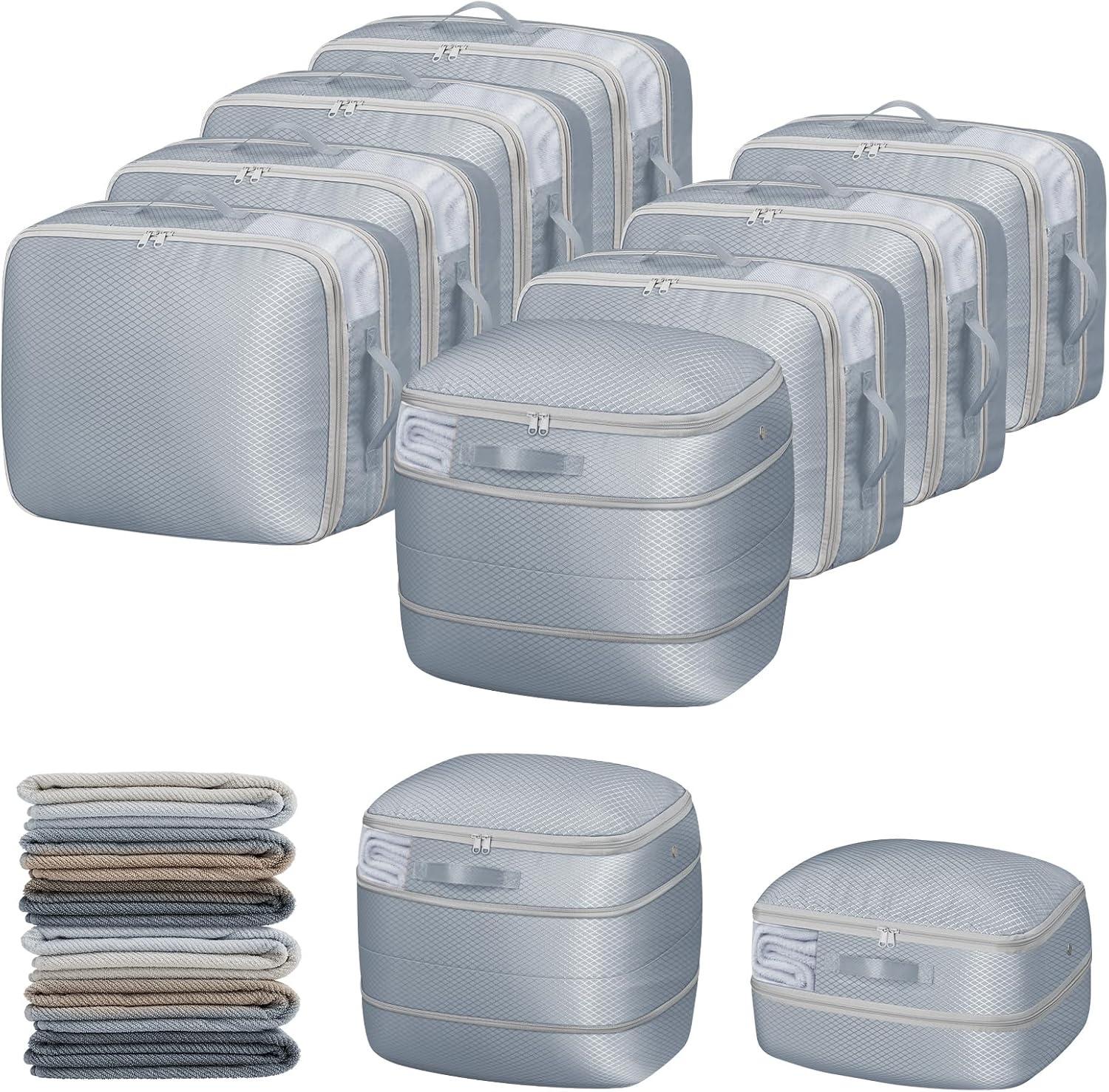 image:imageDIMJ Compression Storage Bags 8 Pack Blanket Storage Bags with Window Zipper Ultra Space Saving Self Compression Organizer for Puffer Jacket Bedding Lightweight Comforter Duvet Sweater SheetGray