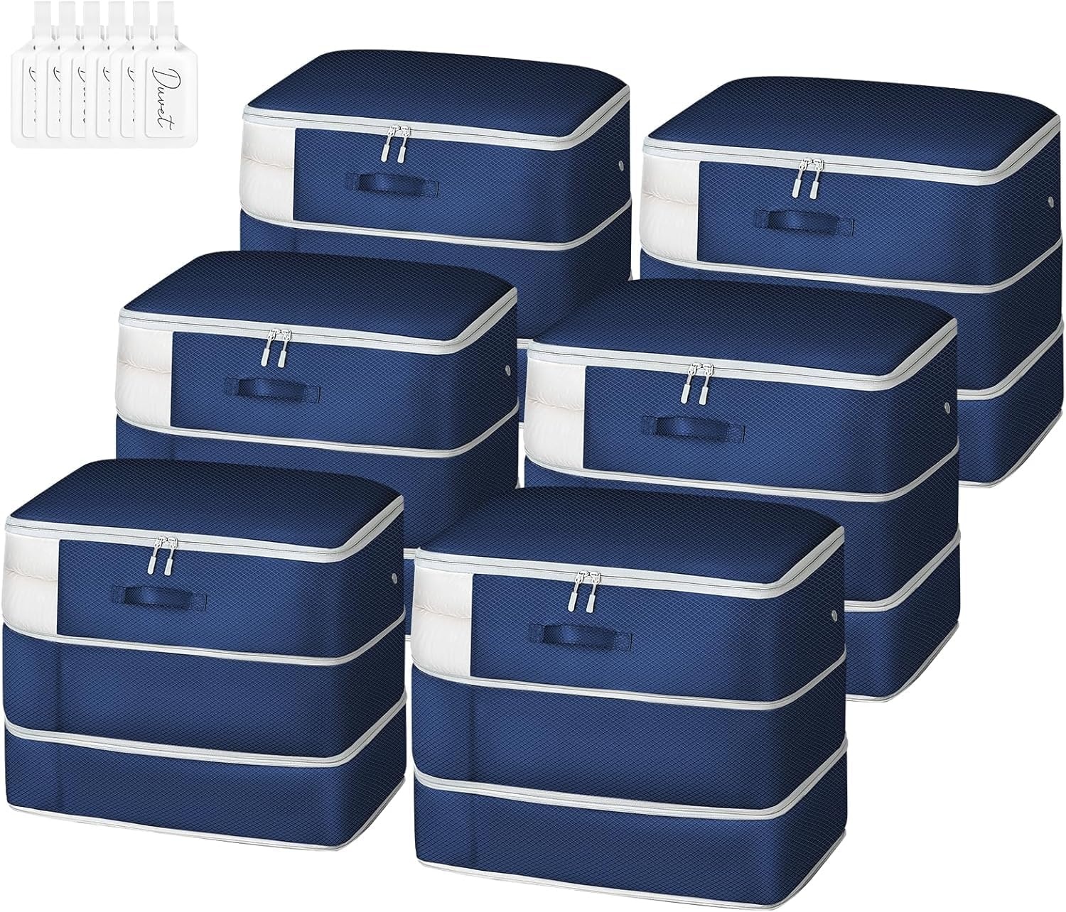 image:imageDIMJ Compression Storage Bags 8 Pack Blanket Storage Bags with Window Zipper Ultra Space Saving Self Compression Organizer for Puffer Jacket Bedding Lightweight Comforter Duvet Sweater SheetNavy Blue
