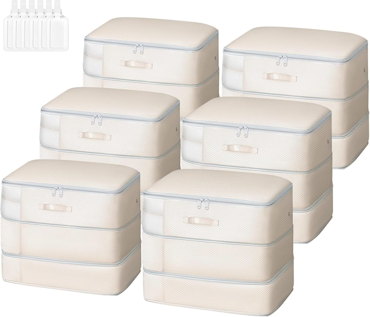 image:imageDIMJ Compression Storage Bags 8 Pack Blanket Storage Bags with Window Zipper Ultra Space Saving Self Compression Organizer for Puffer Jacket Bedding Lightweight Comforter Duvet Sweater SheetBeige