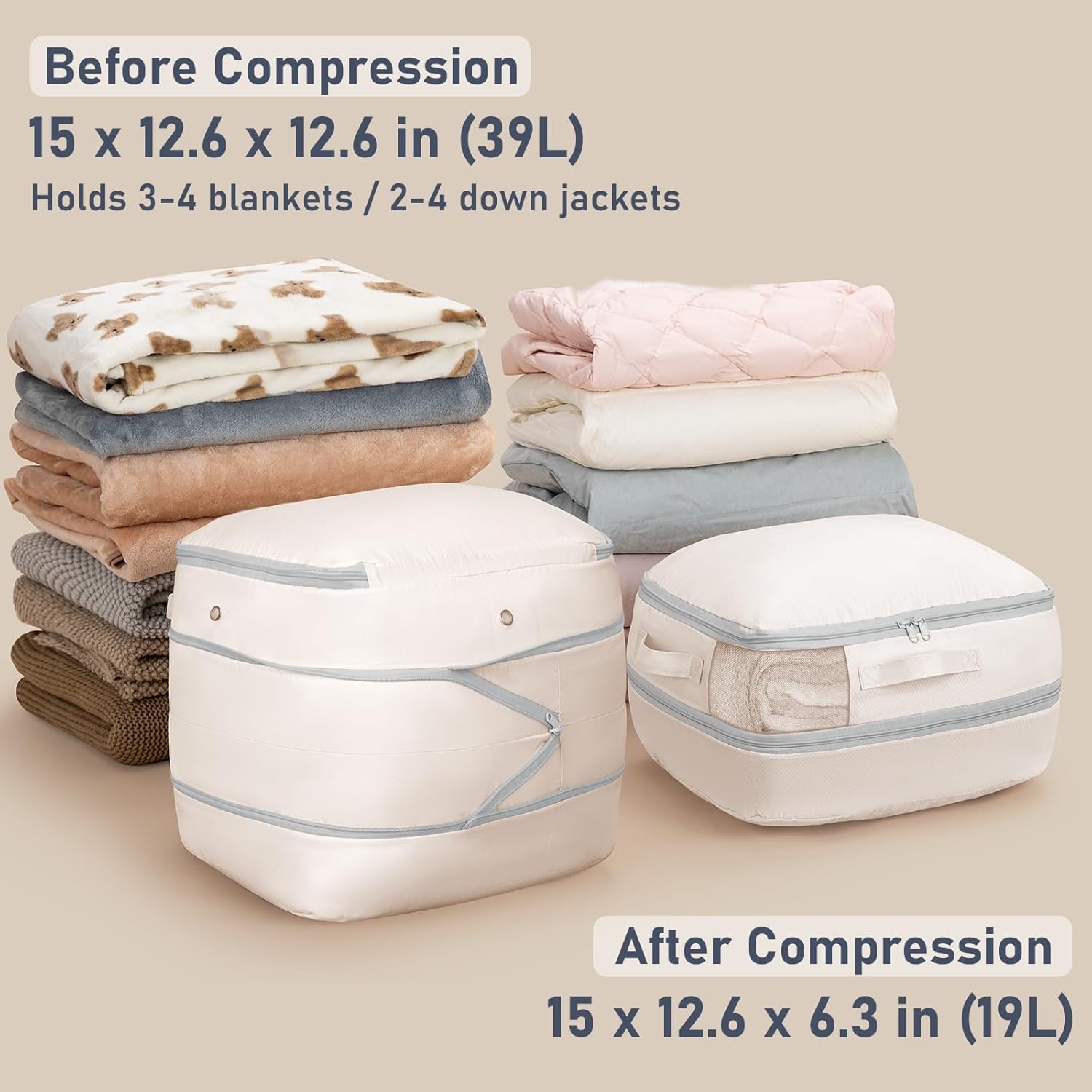 image:imageDIMJ Compression Storage Bags 8 Pack Blanket Storage Bags with Window Zipper Ultra Space Saving Self Compression Organizer for Puffer Jacket Bedding Lightweight Comforter Duvet Sweater SheetBeige