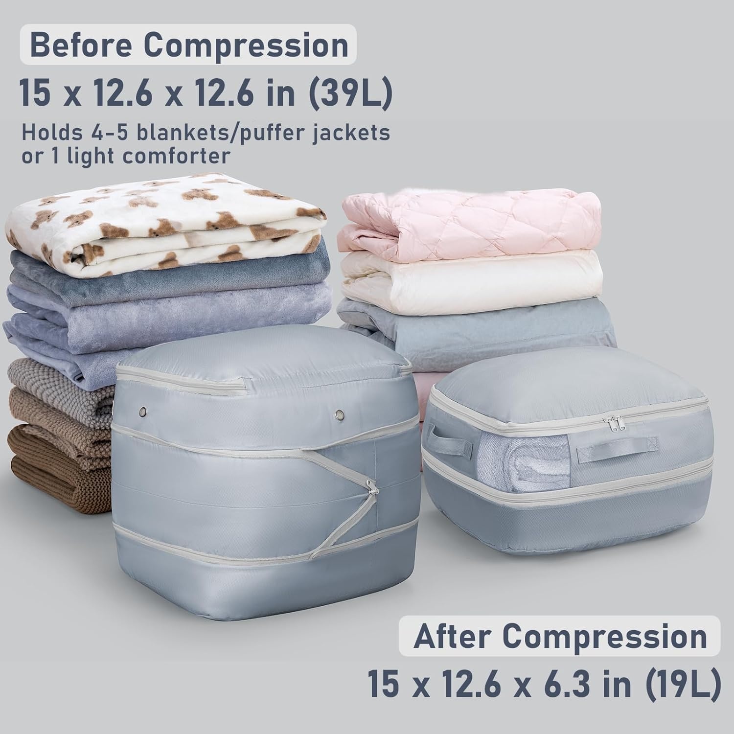 image:imageDIMJ Compression Storage Bags 8 Pack Blanket Storage Bags with Window Zipper Ultra Space Saving Self Compression Organizer for Puffer Jacket Bedding Lightweight Comforter Duvet Sweater SheetGray