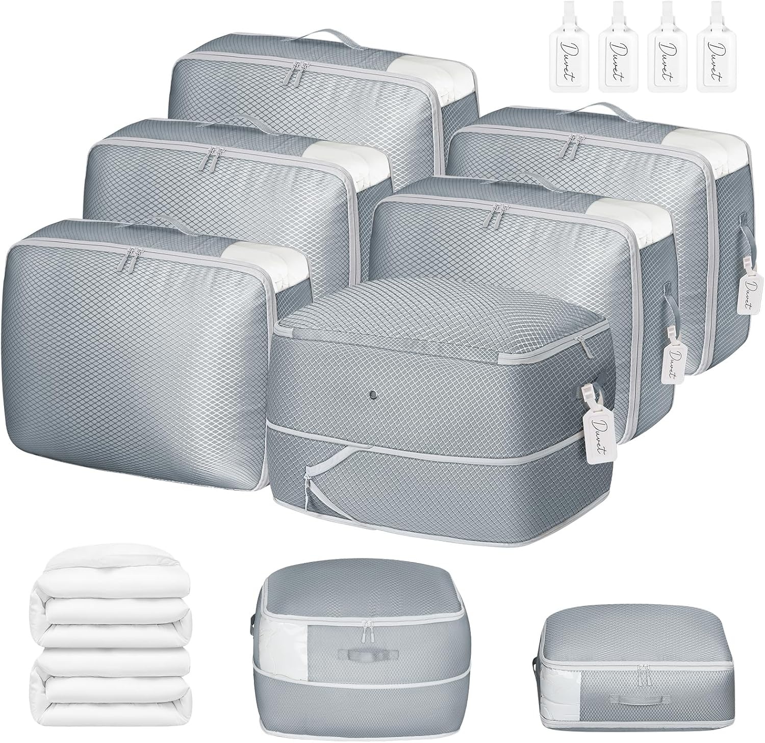 image:imageDIMJ Compression Storage Bags 8 Pack Blanket Storage Bags with Window Zipper Ultra Space Saving Self Compression Organizer for Puffer Jacket Bedding Lightweight Comforter Duvet Sweater SheetGray