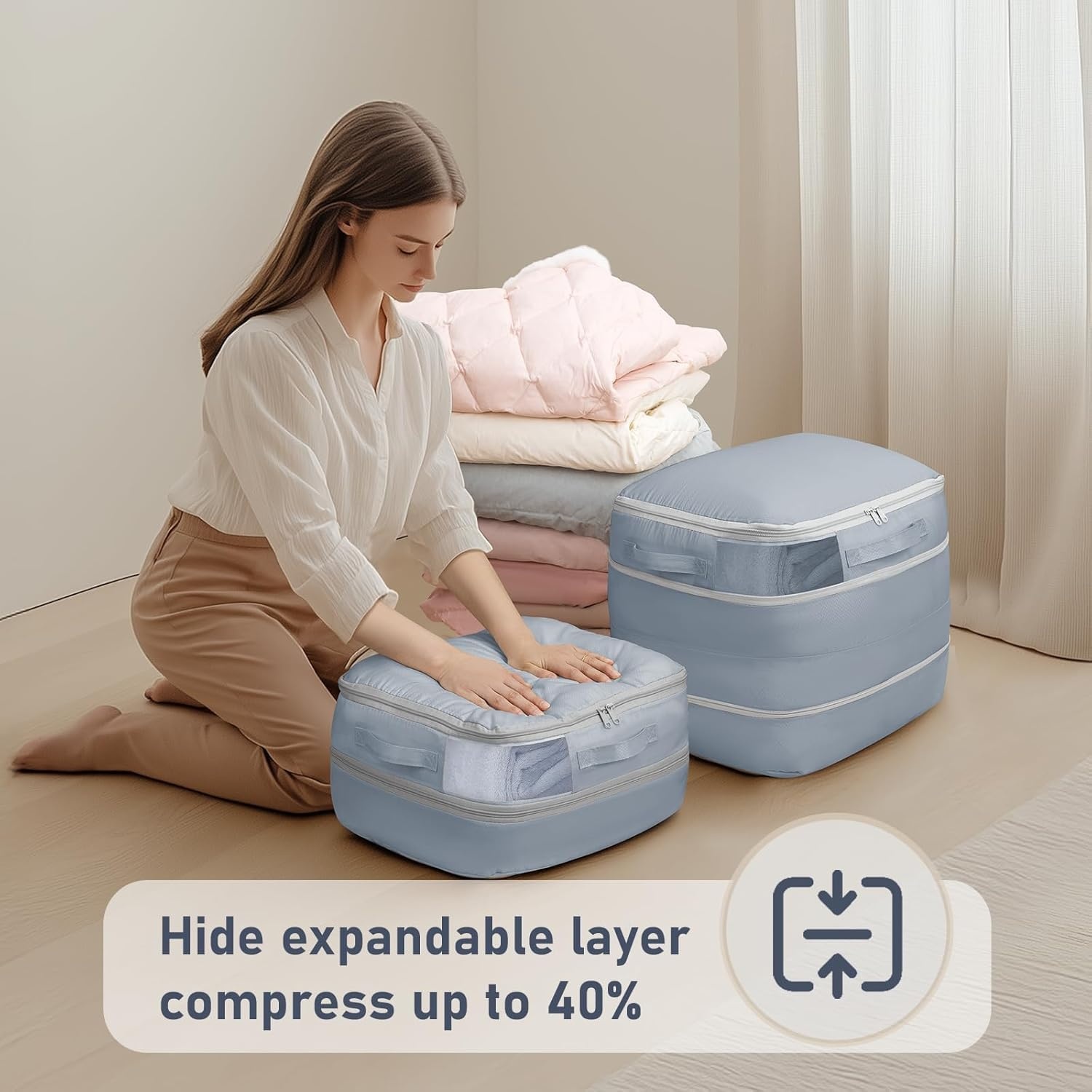 image:imageDIMJ Compression Storage Bags 8 Pack Blanket Storage Bags with Window Zipper Ultra Space Saving Self Compression Organizer for Puffer Jacket Bedding Lightweight Comforter Duvet Sweater SheetGray