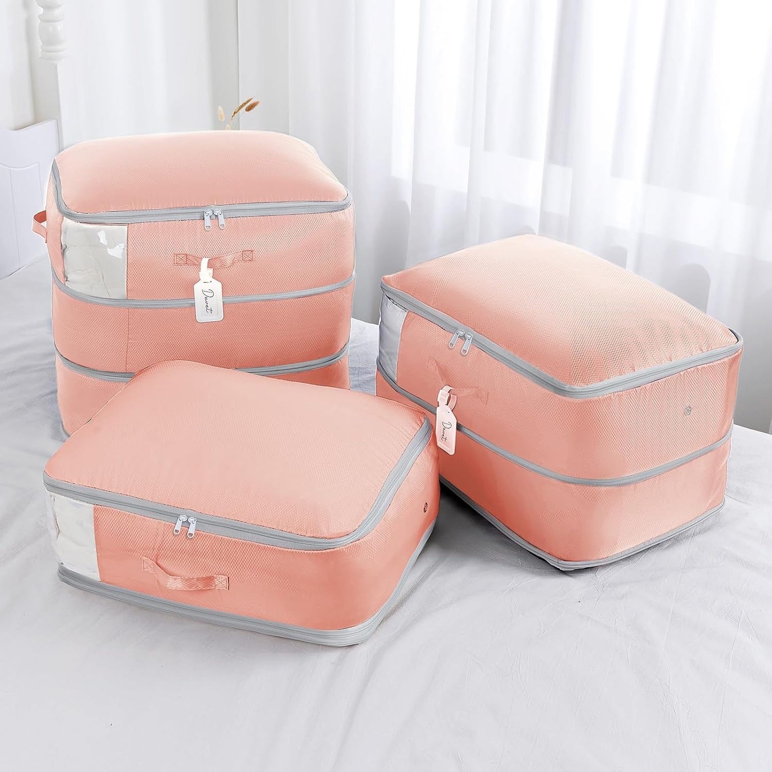 image:imageDIMJ Compression Storage Bags 8 Pack Blanket Storage Bags with Window Zipper Ultra Space Saving Self Compression Organizer for Puffer Jacket Bedding Lightweight Comforter Duvet Sweater SheetPink