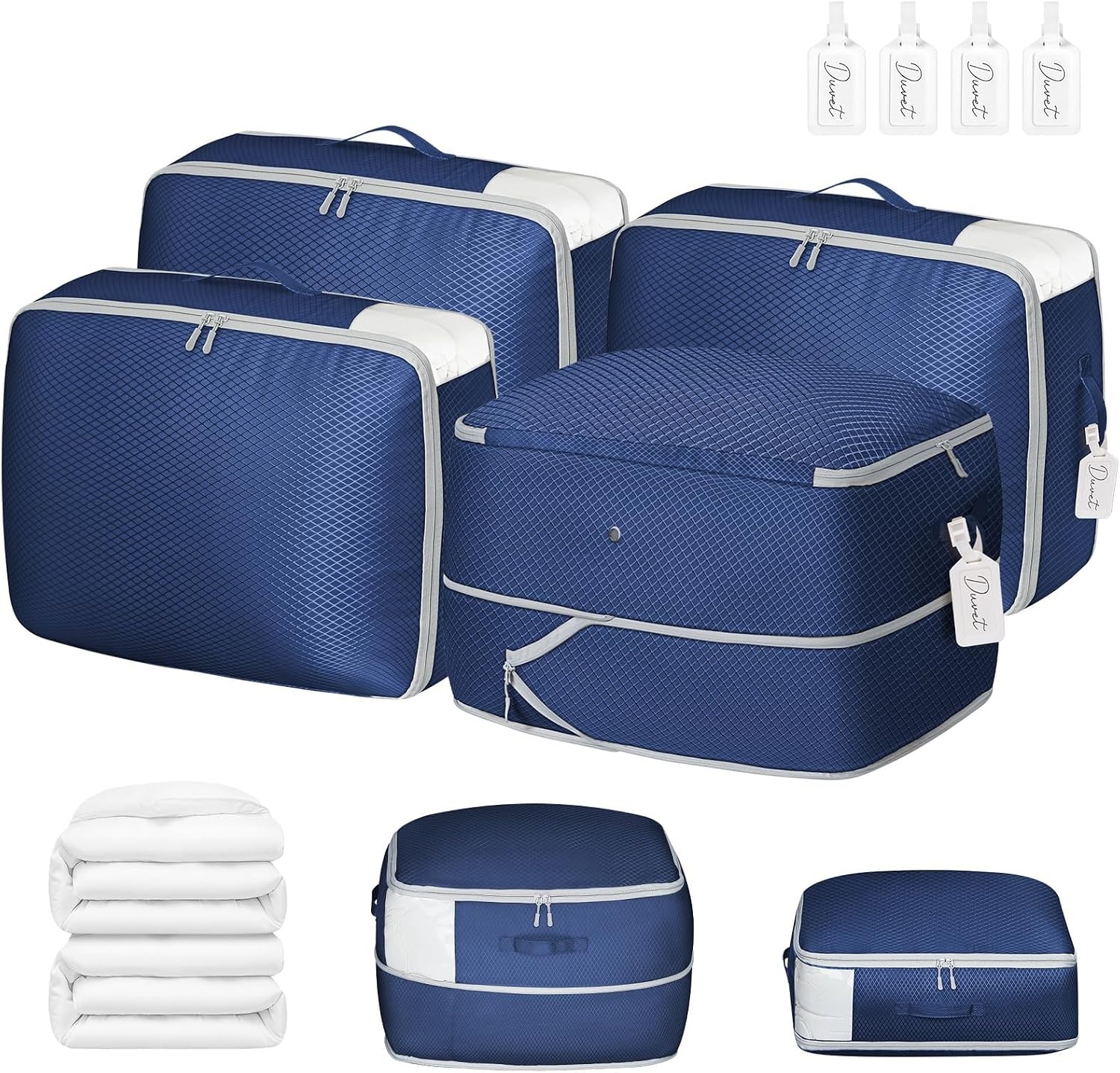 image:imageDIMJ Compression Storage Bags 8 Pack Blanket Storage Bags with Window Zipper Ultra Space Saving Self Compression Organizer for Puffer Jacket Bedding Lightweight Comforter Duvet Sweater SheetNavy Blue