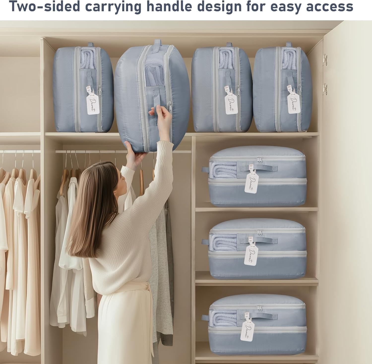image:imageDIMJ Compression Storage Bags 8 Pack Blanket Storage Bags with Window Zipper Ultra Space Saving Self Compression Organizer for Puffer Jacket Bedding Lightweight Comforter Duvet Sweater SheetGray