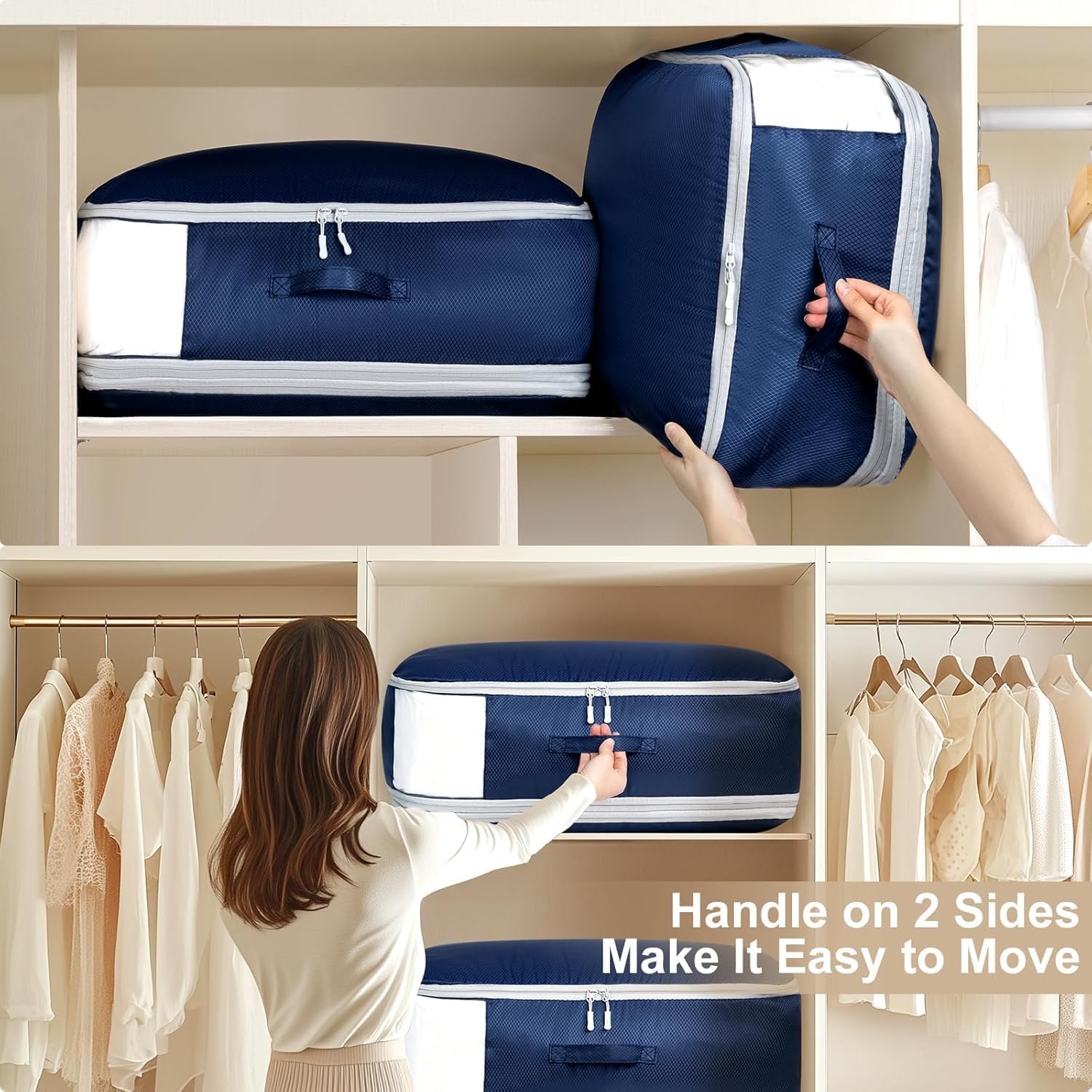 image:imageDIMJ Compression Storage Bags 8 Pack Blanket Storage Bags with Window Zipper Ultra Space Saving Self Compression Organizer for Puffer Jacket Bedding Lightweight Comforter Duvet Sweater SheetNavy Blue