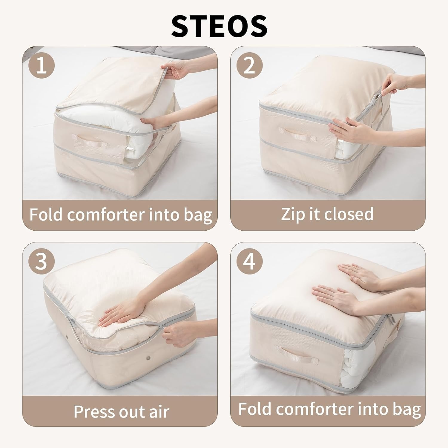 image:imageDIMJ Compression Storage Bags 8 Pack Blanket Storage Bags with Window Zipper Ultra Space Saving Self Compression Organizer for Puffer Jacket Bedding Lightweight Comforter Duvet Sweater SheetBeige