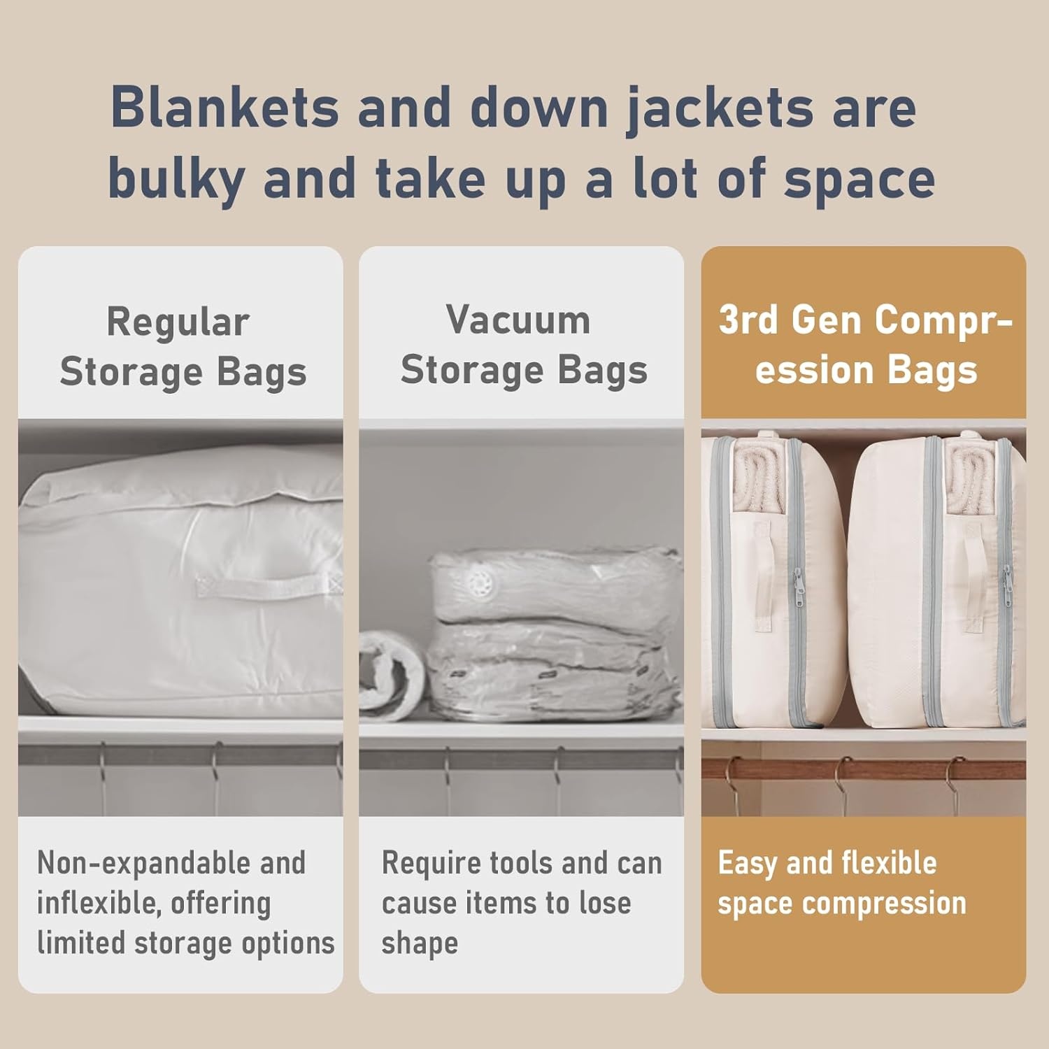 image:imageDIMJ Compression Storage Bags 8 Pack Blanket Storage Bags with Window Zipper Ultra Space Saving Self Compression Organizer for Puffer Jacket Bedding Lightweight Comforter Duvet Sweater SheetBeige