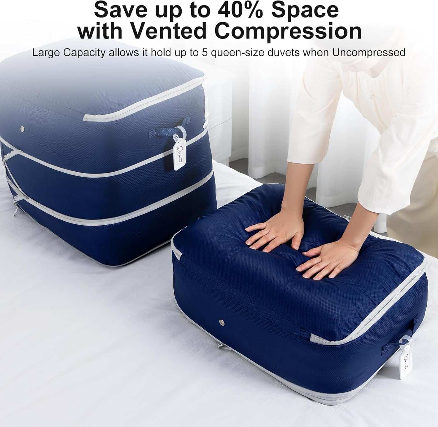 image:imageDIMJ Compression Storage Bags 8 Pack Blanket Storage Bags with Window Zipper Ultra Space Saving Self Compression Organizer for Puffer Jacket Bedding Lightweight Comforter Duvet Sweater SheetNavy Blue
