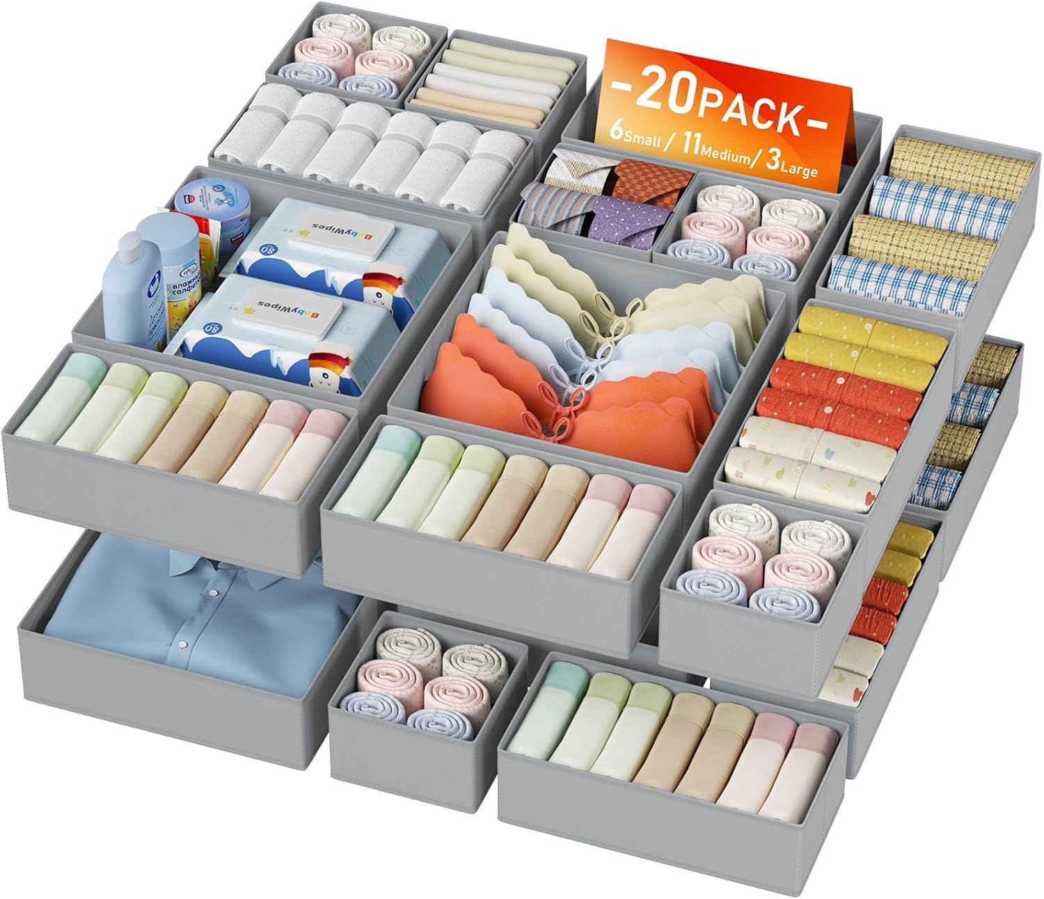 image:imageDIMJ Drawer Organizer Clothes Storage 20 Pack Baby Dresser Organizer for Nursery Foldable Closet Drawer Organizer Bins for Bedroom Organization Fabric Storage Dividers for Socks Underwears BrasGray