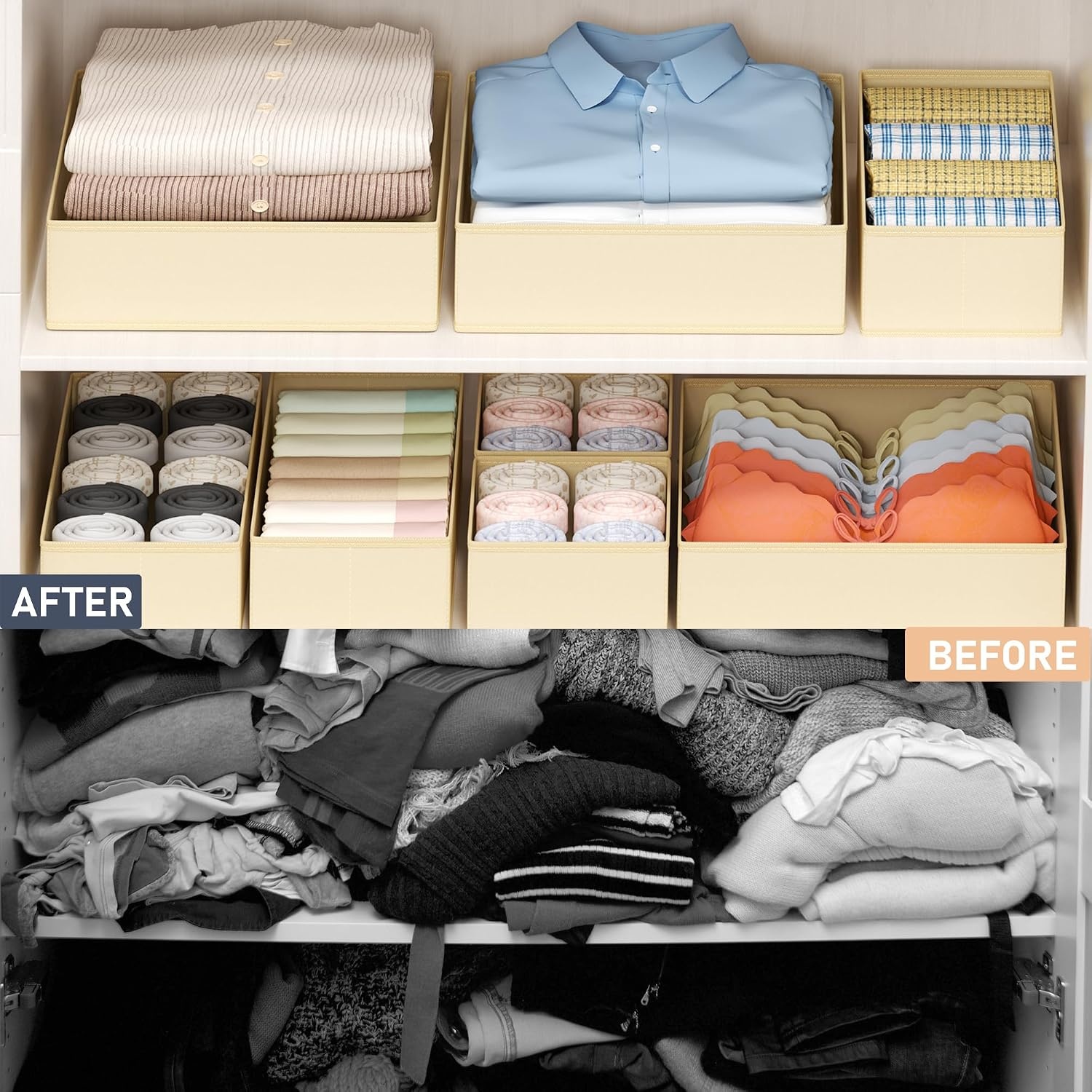 image:imageDIMJ Drawer Organizer Clothes Storage 20 Pack Baby Dresser Organizer for Nursery Foldable Closet Drawer Organizer Bins for Bedroom Organization Fabric Storage Dividers for Socks Underwears BrasBeige
