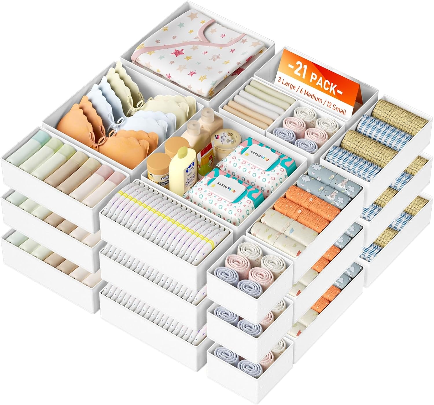 image:imageDIMJ Drawer Organizer Clothes Storage 20 Pack Baby Dresser Organizer for Nursery Foldable Closet Drawer Organizer Bins for Bedroom Organization Fabric Storage Dividers for Socks Underwears BrasWhite