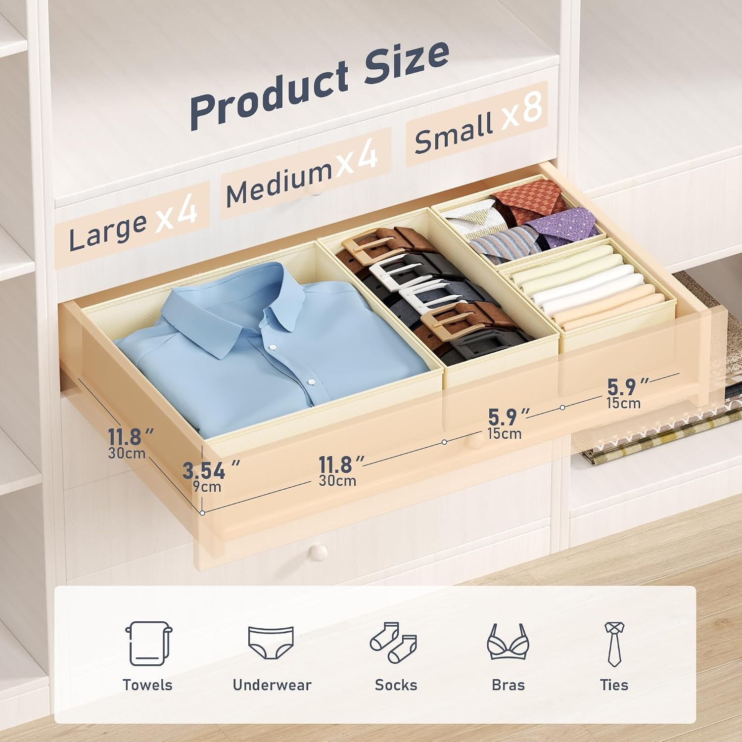 image:imageDIMJ Drawer Organizer Clothes Storage 20 Pack Baby Dresser Organizer for Nursery Foldable Closet Drawer Organizer Bins for Bedroom Organization Fabric Storage Dividers for Socks Underwears BrasBeige