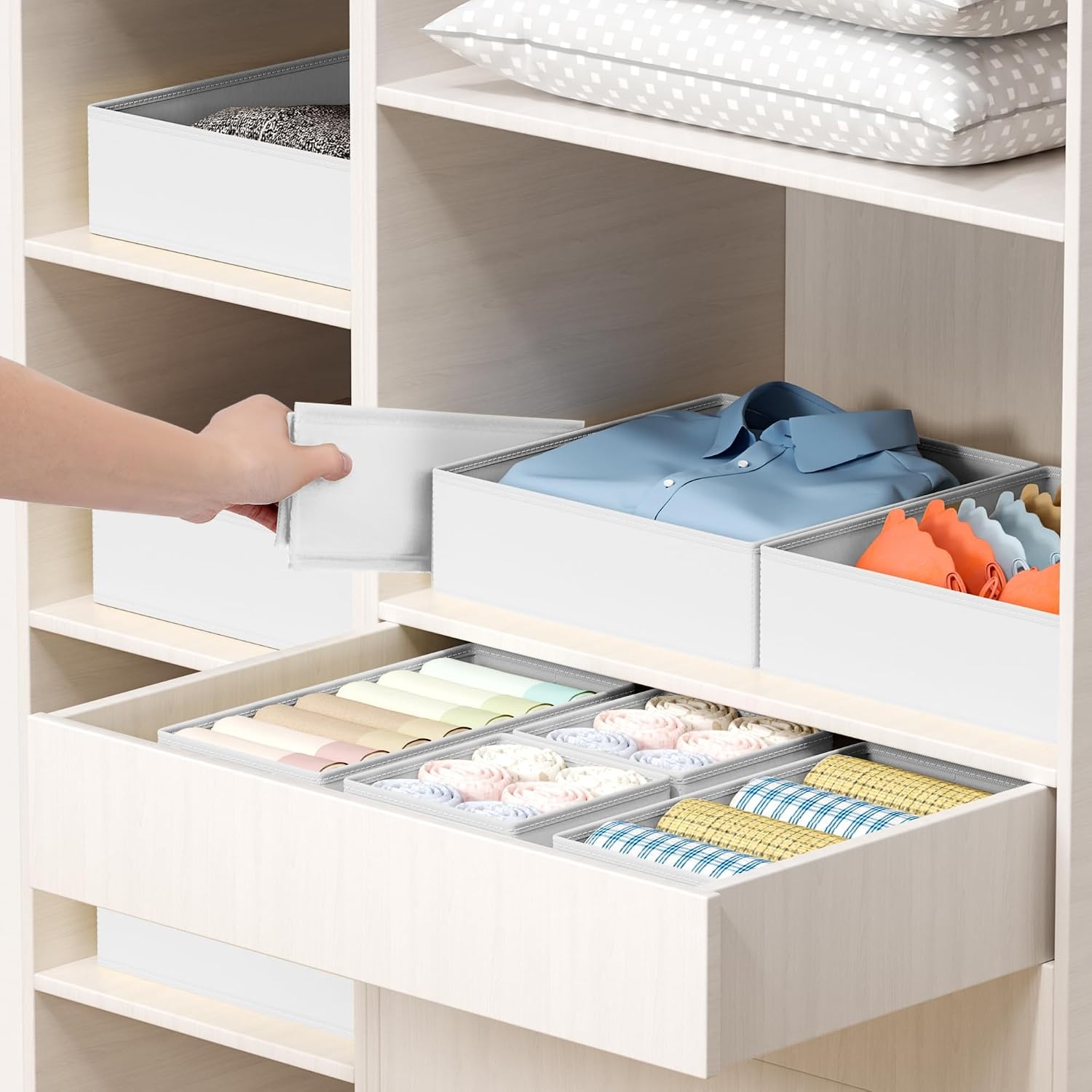 image:imageDIMJ Drawer Organizer Clothes Storage 20 Pack Baby Dresser Organizer for Nursery Foldable Closet Drawer Organizer Bins for Bedroom Organization Fabric Storage Dividers for Socks Underwears BrasWhite