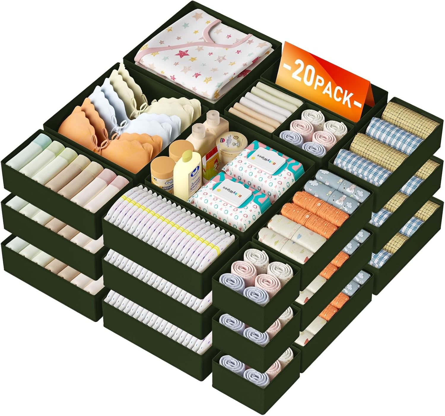 image:imageDIMJ Drawer Organizer Clothes Storage 20 Pack Baby Dresser Organizer for Nursery Foldable Closet Drawer Organizer Bins for Bedroom Organization Fabric Storage Dividers for Socks Underwears BrasGreen