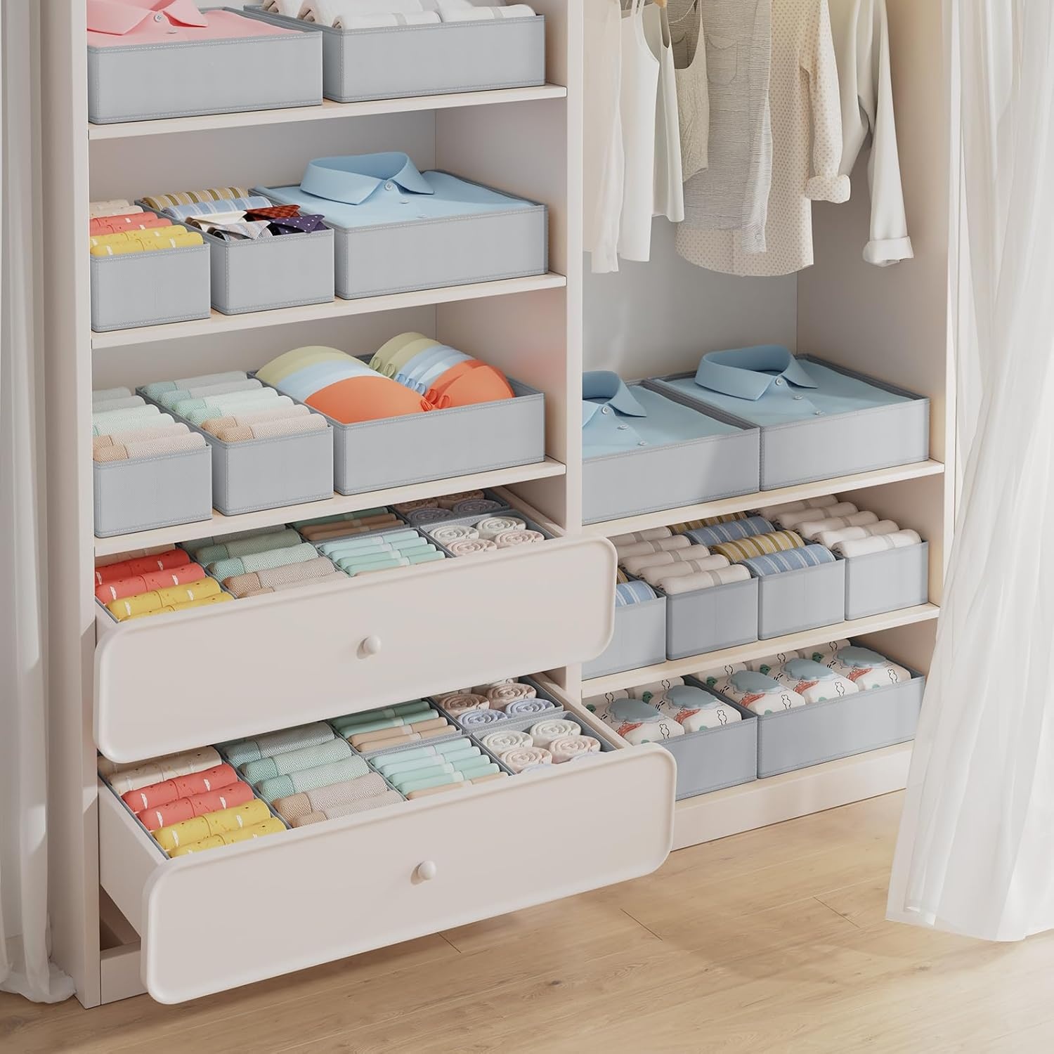 image:imageDIMJ Drawer Organizer Clothes Storage 20 Pack Baby Dresser Organizer for Nursery Foldable Closet Drawer Organizer Bins for Bedroom Organization Fabric Storage Dividers for Socks Underwears BrasGray