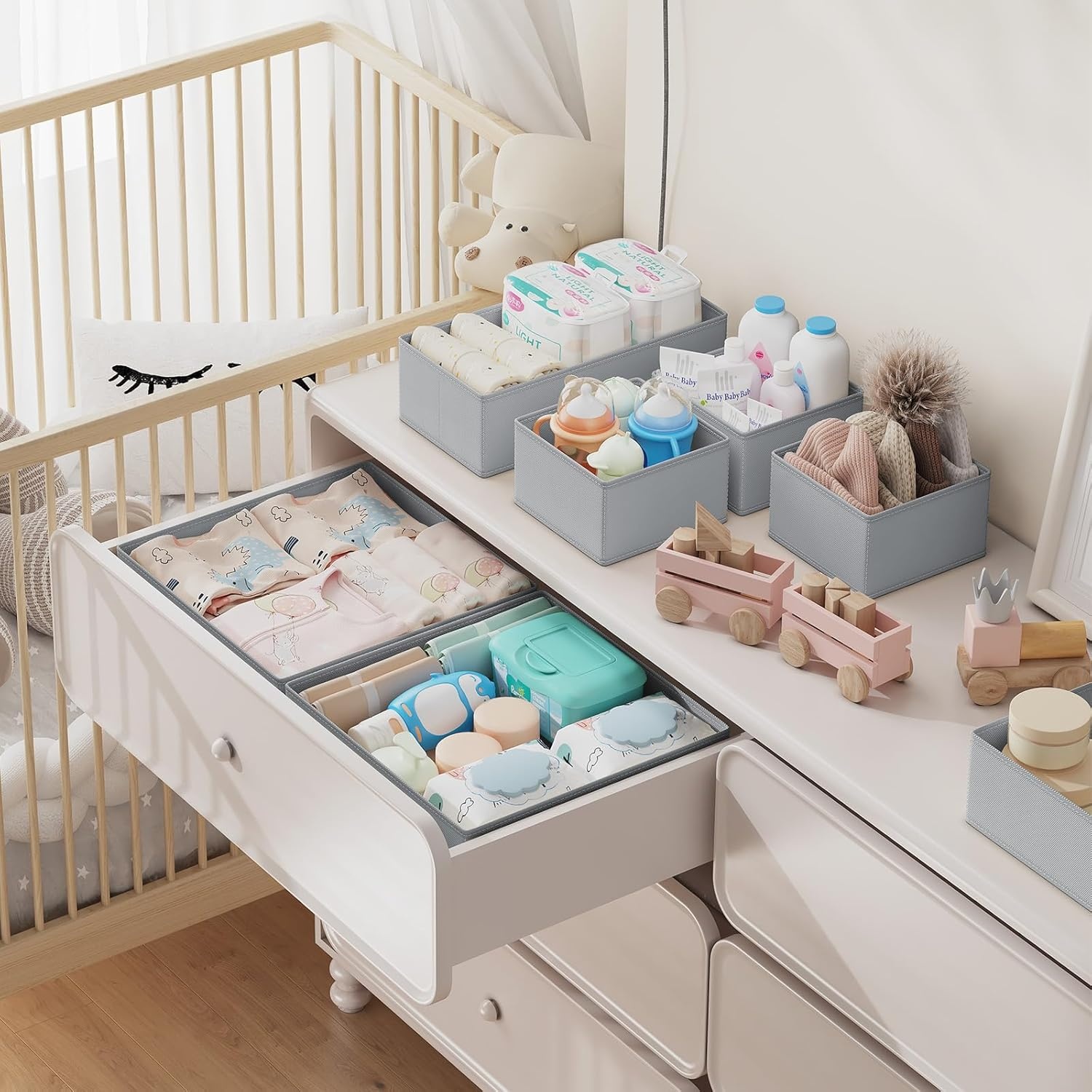 image:imageDIMJ Drawer Organizer Clothes Storage 20 Pack Baby Dresser Organizer for Nursery Foldable Closet Drawer Organizer Bins for Bedroom Organization Fabric Storage Dividers for Socks Underwears BrasGray