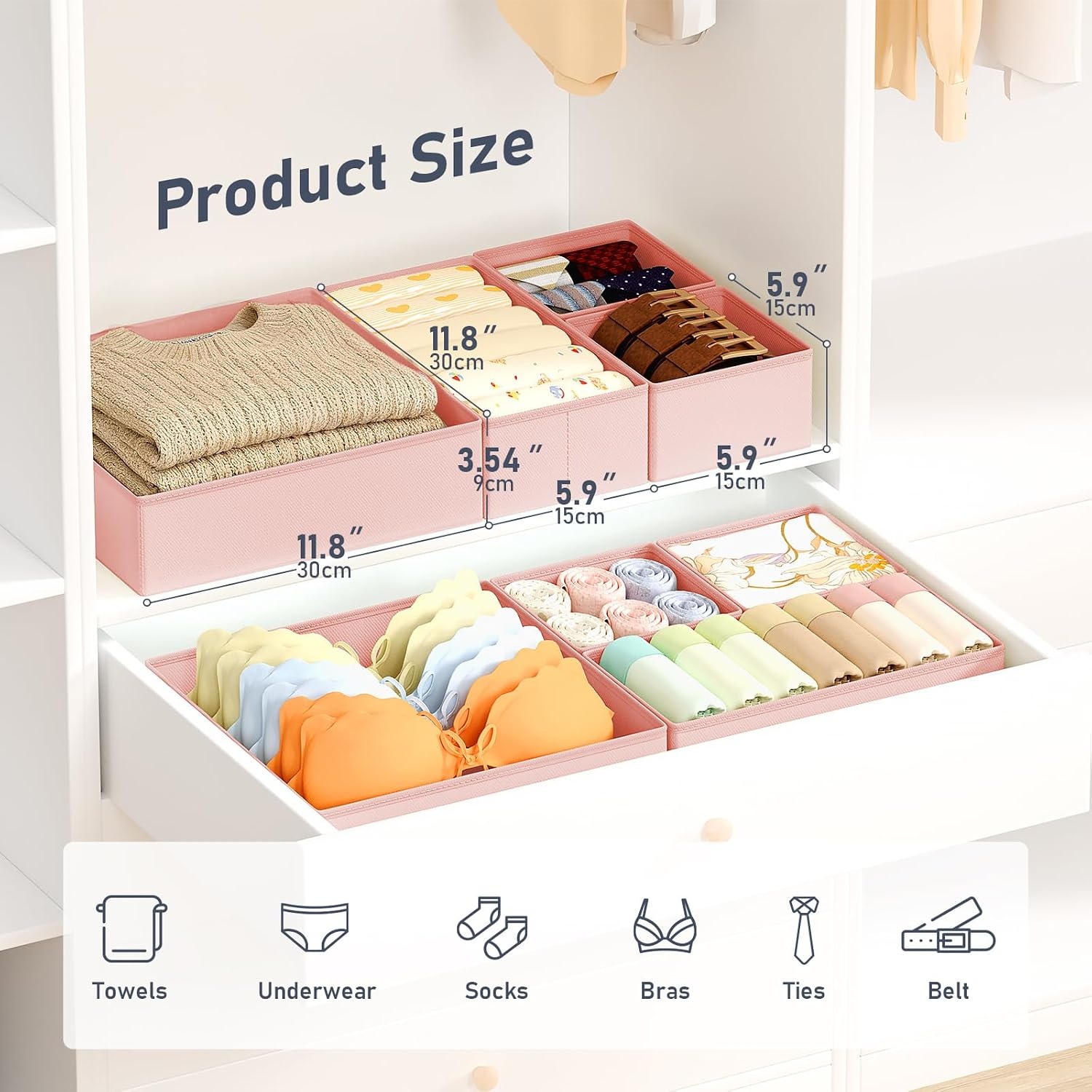 image:imageDIMJ Drawer Organizer Clothes Storage 20 Pack Baby Dresser Organizer for Nursery Foldable Closet Drawer Organizer Bins for Bedroom Organization Fabric Storage Dividers for Socks Underwears BrasPink