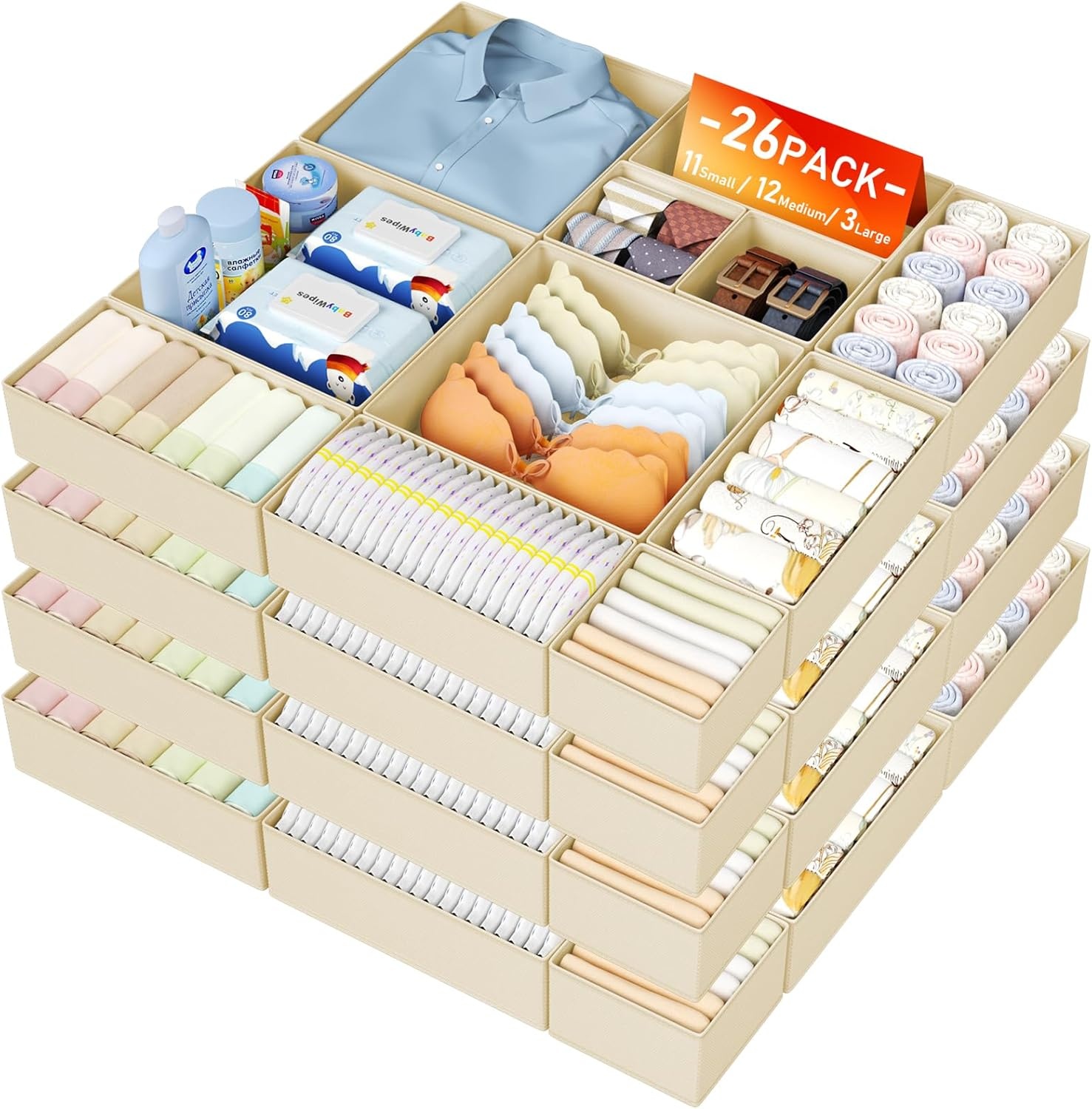 image:imageDIMJ Drawer Organizer Clothes Storage 20 Pack Baby Dresser Organizer for Nursery Foldable Closet Drawer Organizer Bins for Bedroom Organization Fabric Storage Dividers for Socks Underwears BrasBeige