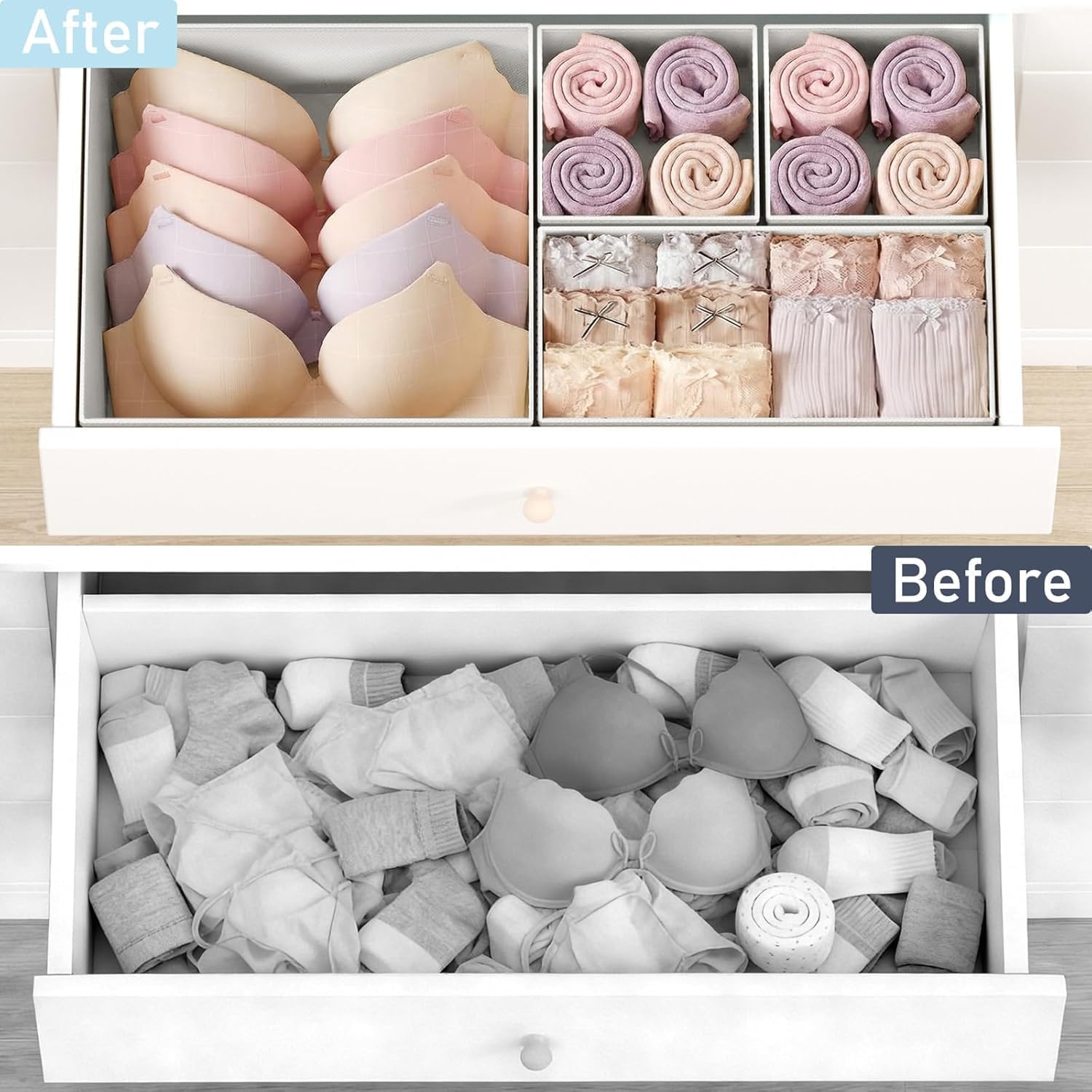 image:imageDIMJ Drawer Organizer Clothes Storage 20 Pack Baby Dresser Organizer for Nursery Foldable Closet Drawer Organizer Bins for Bedroom Organization Fabric Storage Dividers for Socks Underwears BrasWhite