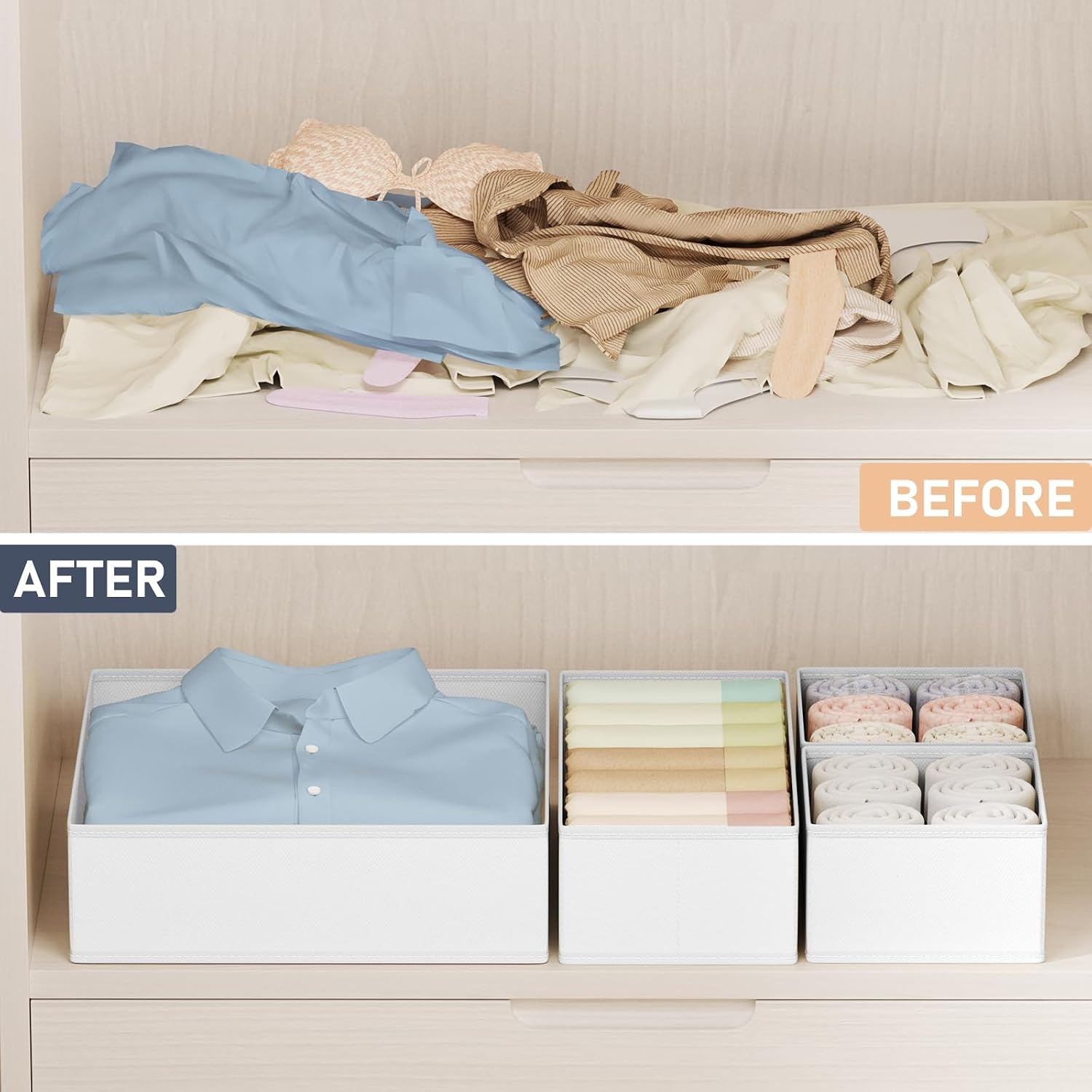 image:imageDIMJ Drawer Organizer Clothes Storage 20 Pack Baby Dresser Organizer for Nursery Foldable Closet Drawer Organizer Bins for Bedroom Organization Fabric Storage Dividers for Socks Underwears BrasWhite