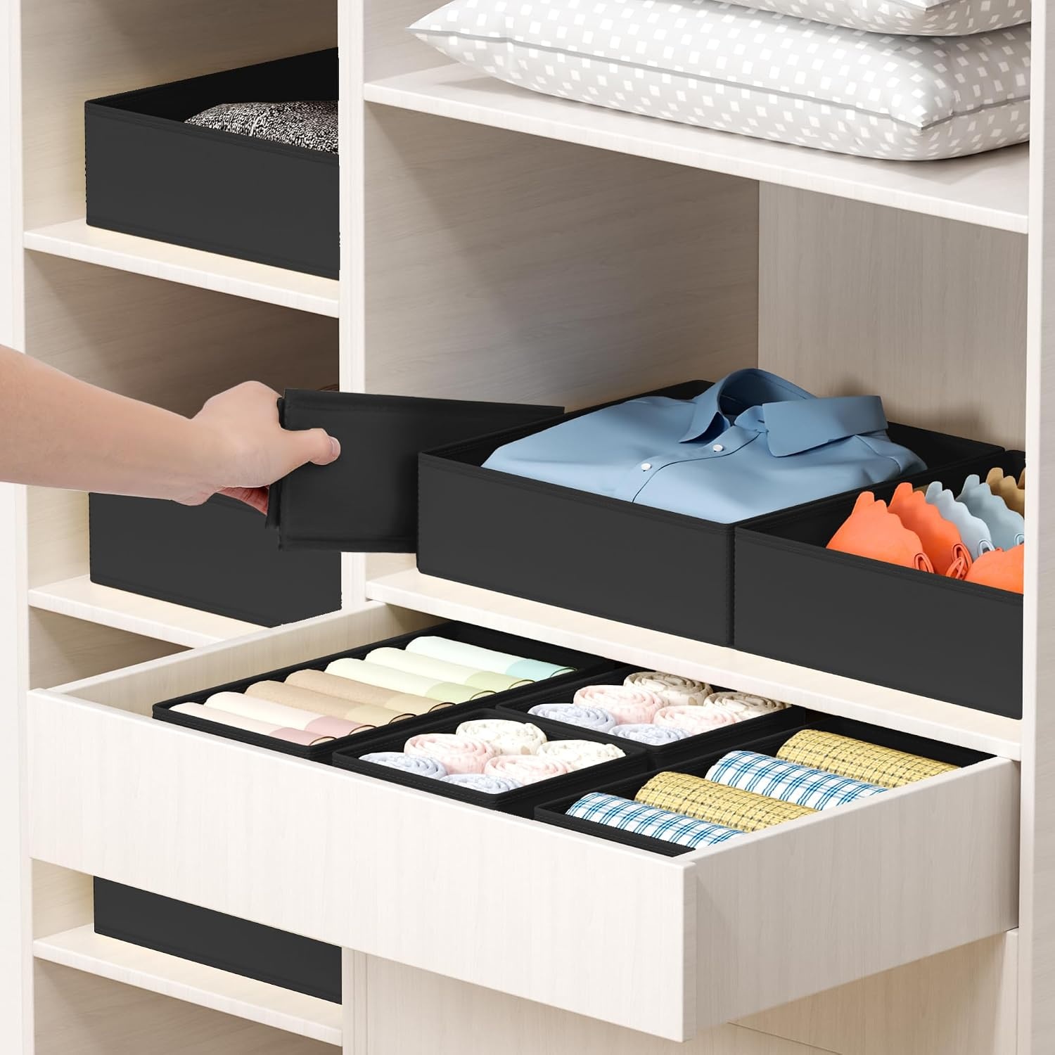 image:imageDIMJ Drawer Organizer Clothes Storage 20 Pack Baby Dresser Organizer for Nursery Foldable Closet Drawer Organizer Bins for Bedroom Organization Fabric Storage Dividers for Socks Underwears BrasBlack