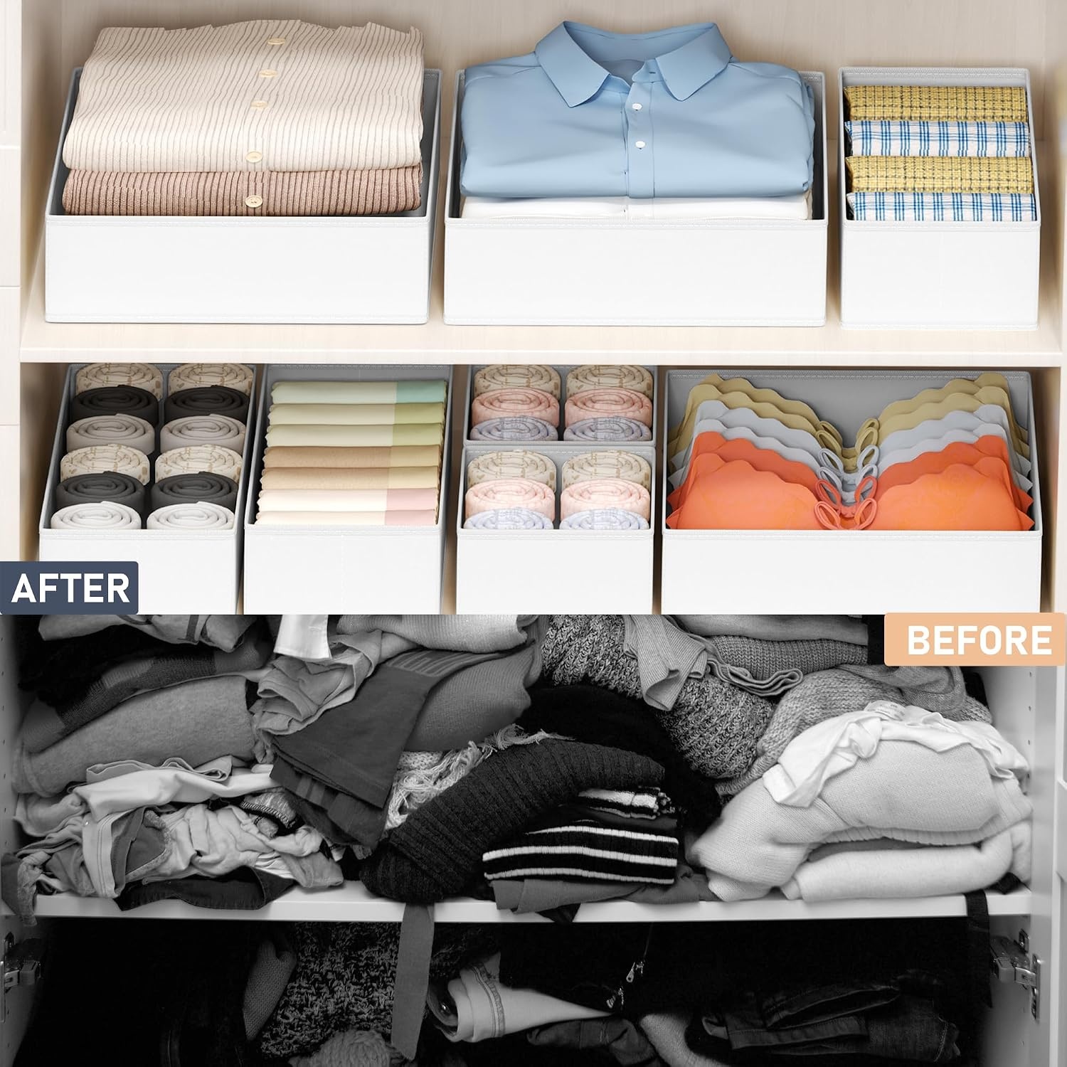 image:imageDIMJ Drawer Organizer Clothes Storage 20 Pack Baby Dresser Organizer for Nursery Foldable Closet Drawer Organizer Bins for Bedroom Organization Fabric Storage Dividers for Socks Underwears BrasWhite