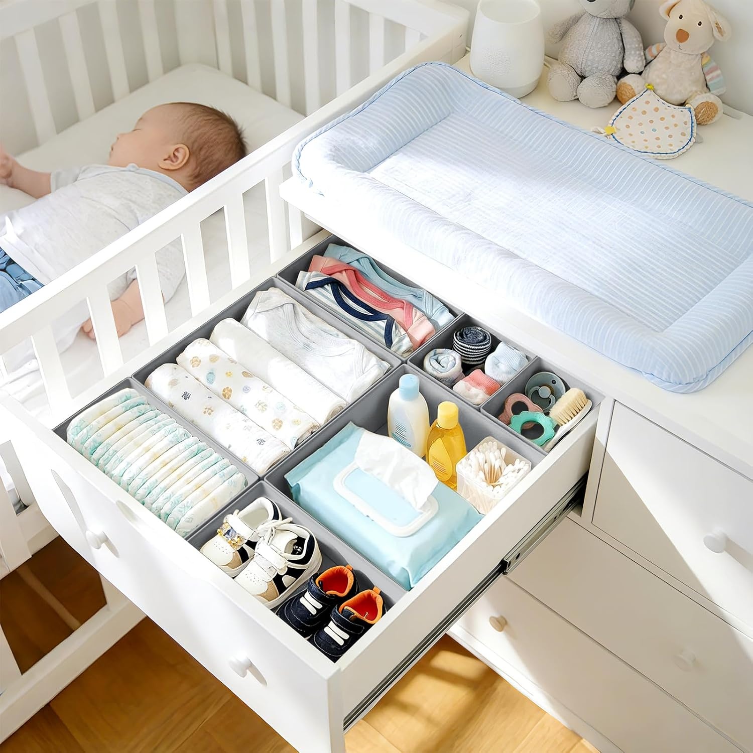 image:imageDIMJ Drawer Organizer Clothes Storage 20 Pack Baby Dresser Organizer for Nursery Foldable Closet Drawer Organizer Bins for Bedroom Organization Fabric Storage Dividers for Socks Underwears BrasGray