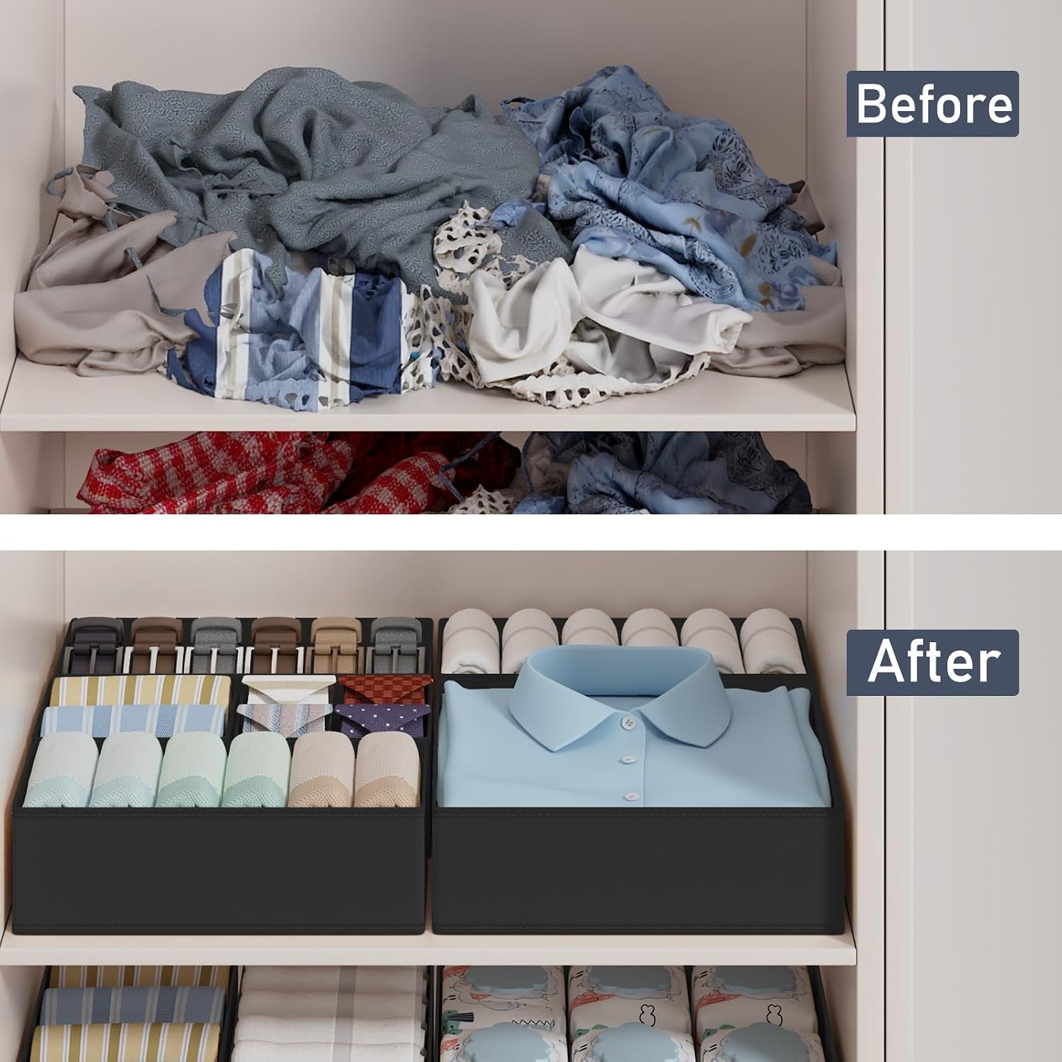 image:imageDIMJ Drawer Organizer Clothes Storage 20 Pack Baby Dresser Organizer for Nursery Foldable Closet Drawer Organizer Bins for Bedroom Organization Fabric Storage Dividers for Socks Underwears BrasBlack