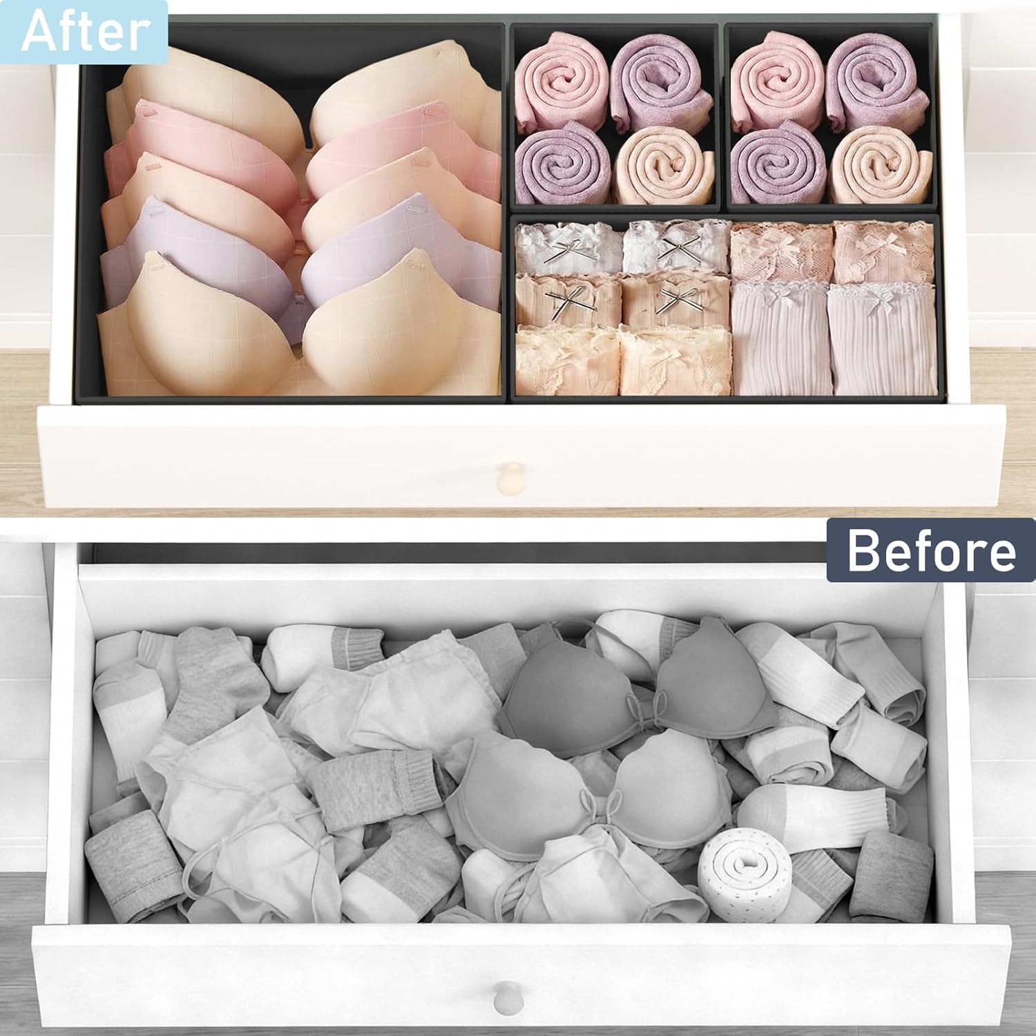 image:imageDIMJ Drawer Organizer Clothes Storage 20 Pack Baby Dresser Organizer for Nursery Foldable Closet Drawer Organizer Bins for Bedroom Organization Fabric Storage Dividers for Socks Underwears BrasBlack
