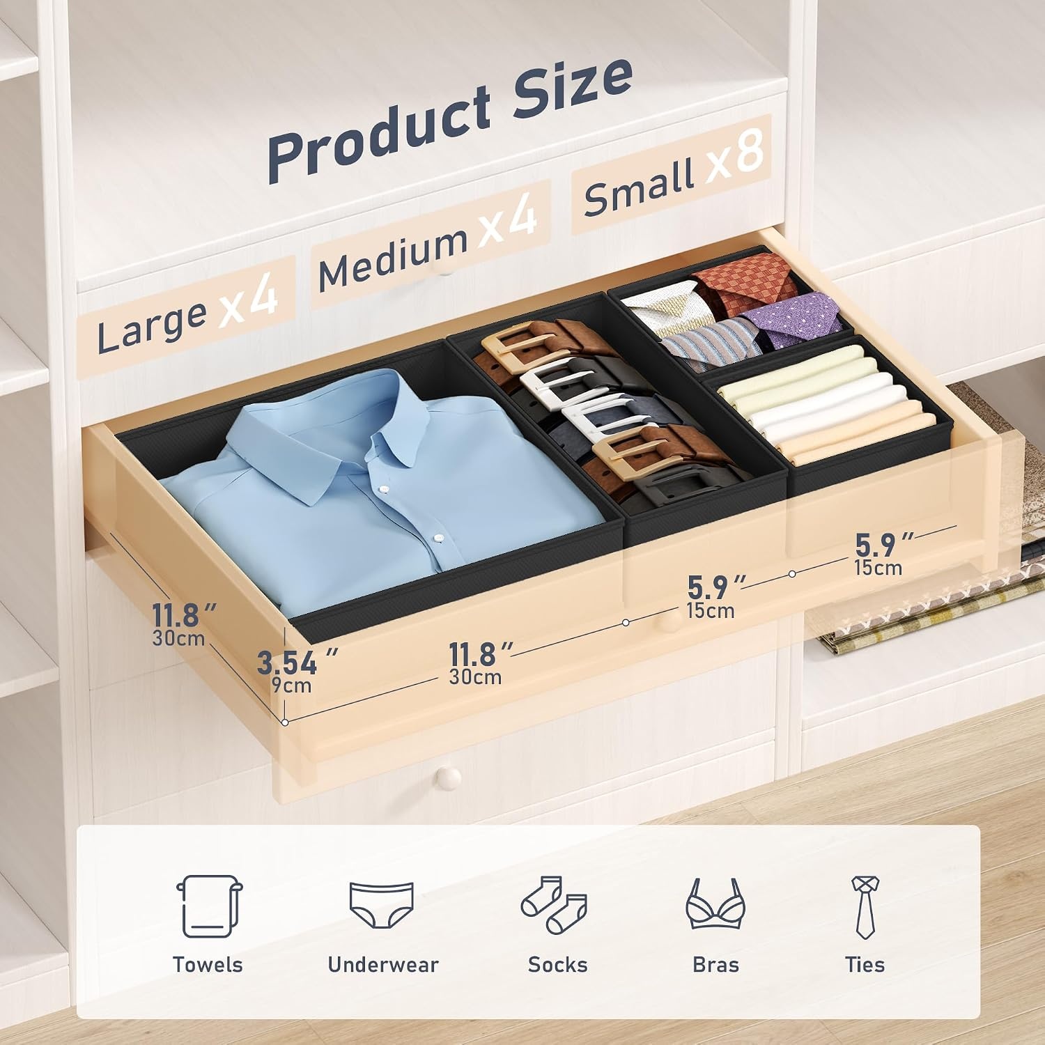 image:imageDIMJ Drawer Organizer Clothes Storage 20 Pack Baby Dresser Organizer for Nursery Foldable Closet Drawer Organizer Bins for Bedroom Organization Fabric Storage Dividers for Socks Underwears BrasBlack