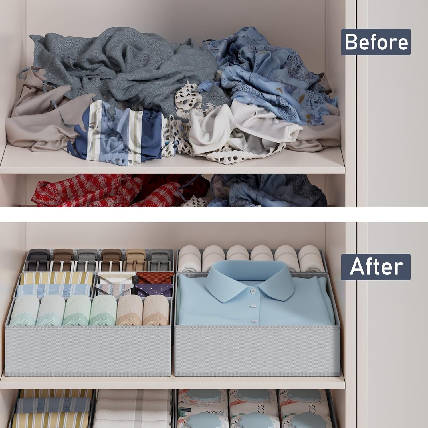 image:imageDIMJ Drawer Organizer Clothes Storage 20 Pack Baby Dresser Organizer for Nursery Foldable Closet Drawer Organizer Bins for Bedroom Organization Fabric Storage Dividers for Socks Underwears BrasGray