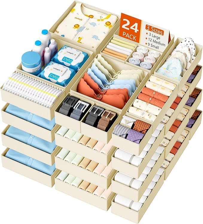 image:imageDIMJ Drawer Organizer Clothes Storage 20 Pack Baby Dresser Organizer for Nursery Foldable Closet Drawer Organizer Bins for Bedroom Organization Fabric Storage Dividers for Socks Underwears BrasBeige